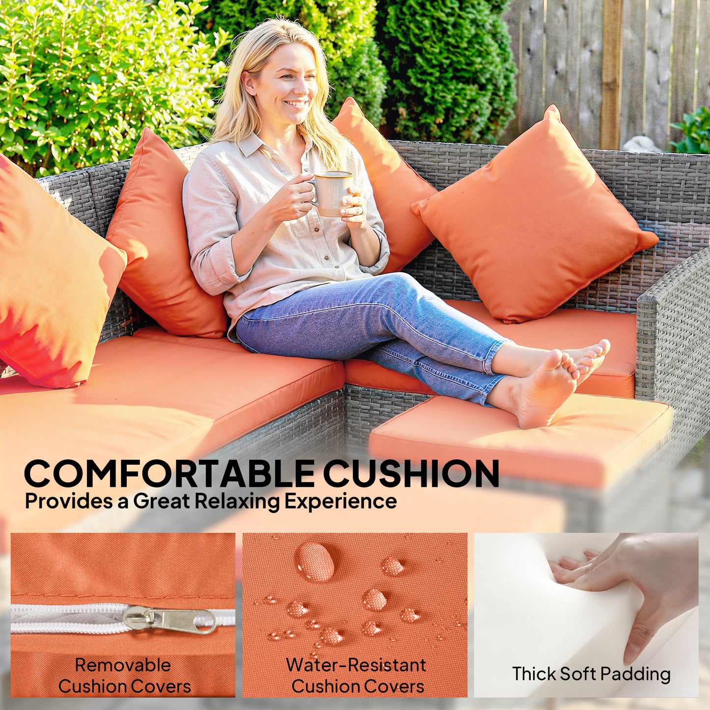Outsunny Six Seater Rattan Dining Set With Sofa Table Footstools Outdoor Garden Furniture Orange Cushions