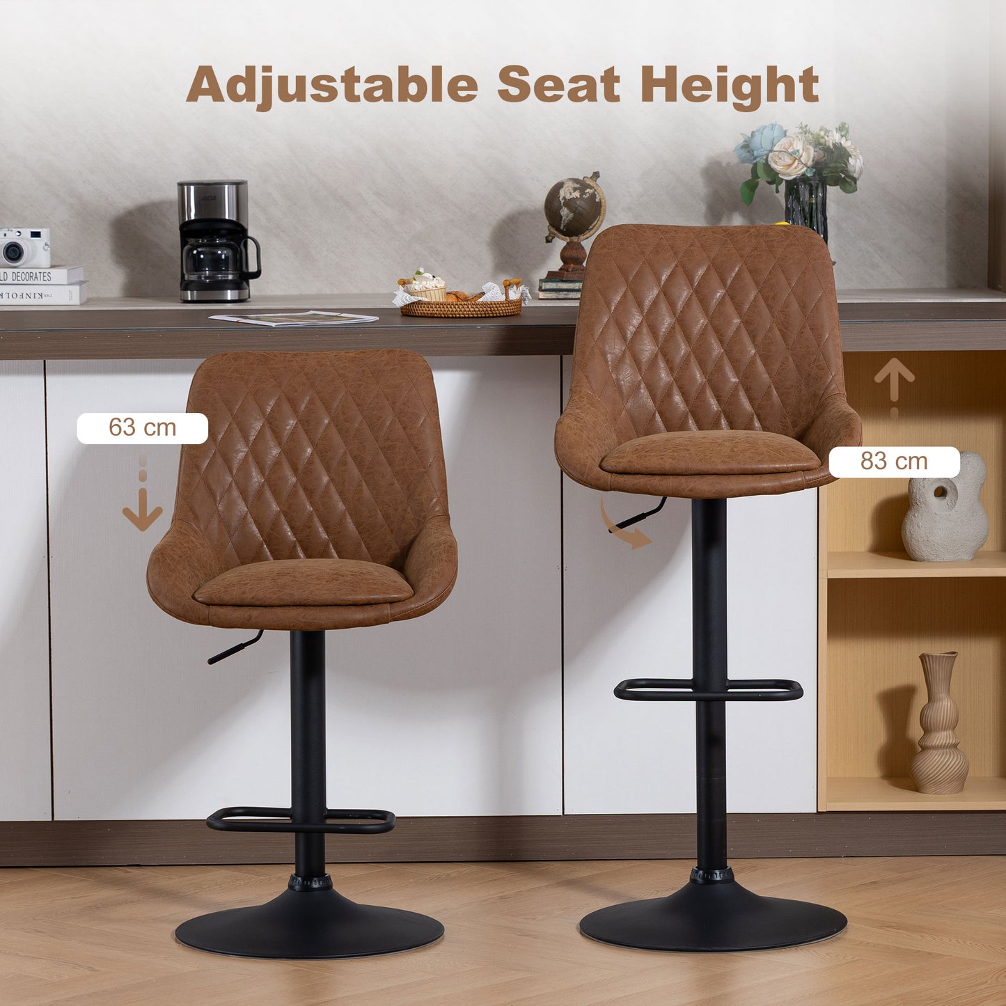 HOMCOM Set of Two Faux Leather Retro Bar Stools Orange With Padded Seats High Back Adjustable Height 63-83 cm