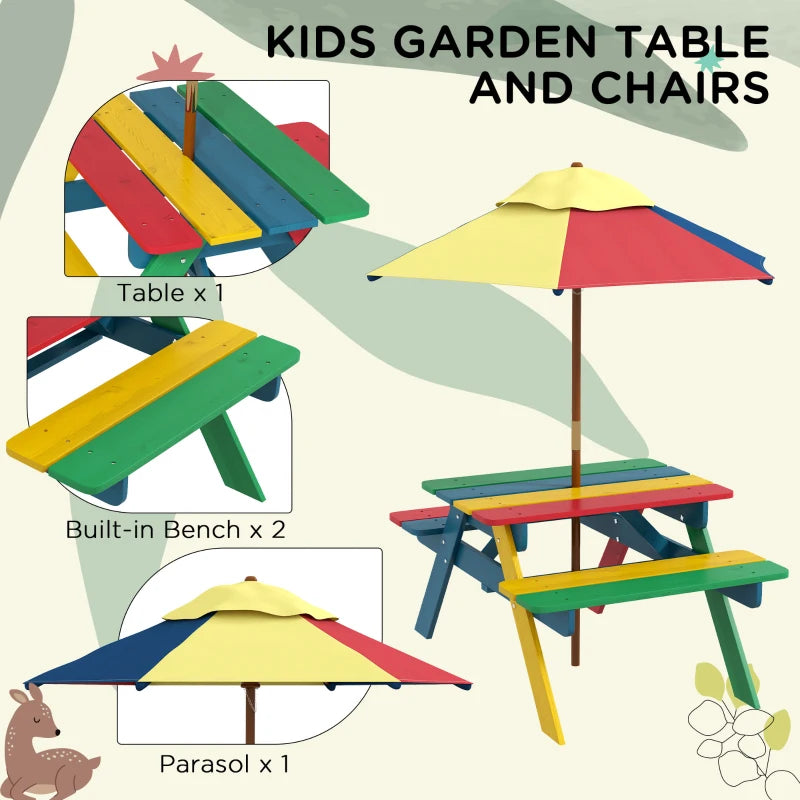 Outsunny Kids Table and Chair Set w/ Removable Parasol, for Ages 3-6 Years - ALL4U RETAILER LTD