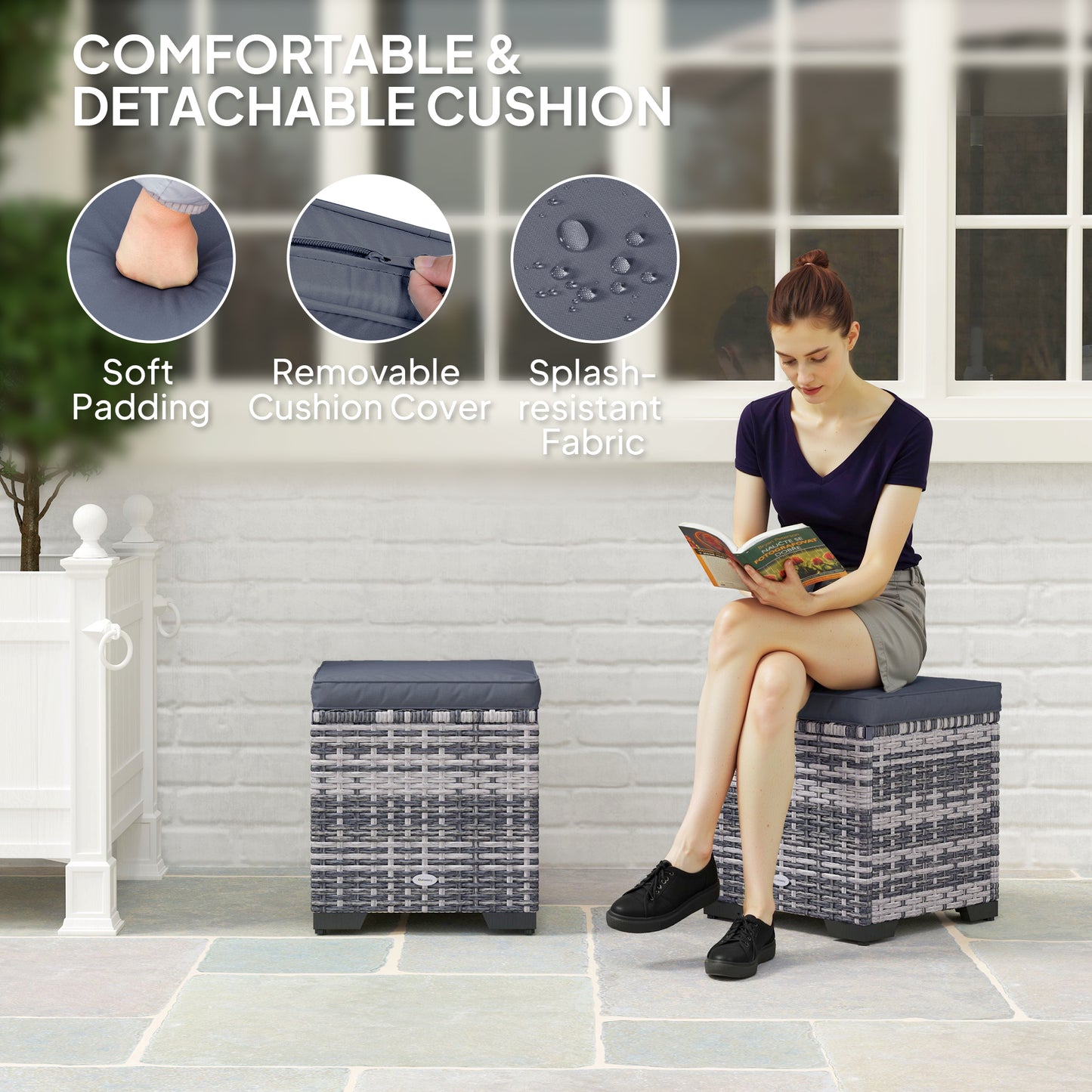 Outsunny Set of 2 Rattan Storage Ottomans Outdoor Footstools Removable Cushions Dark Grey