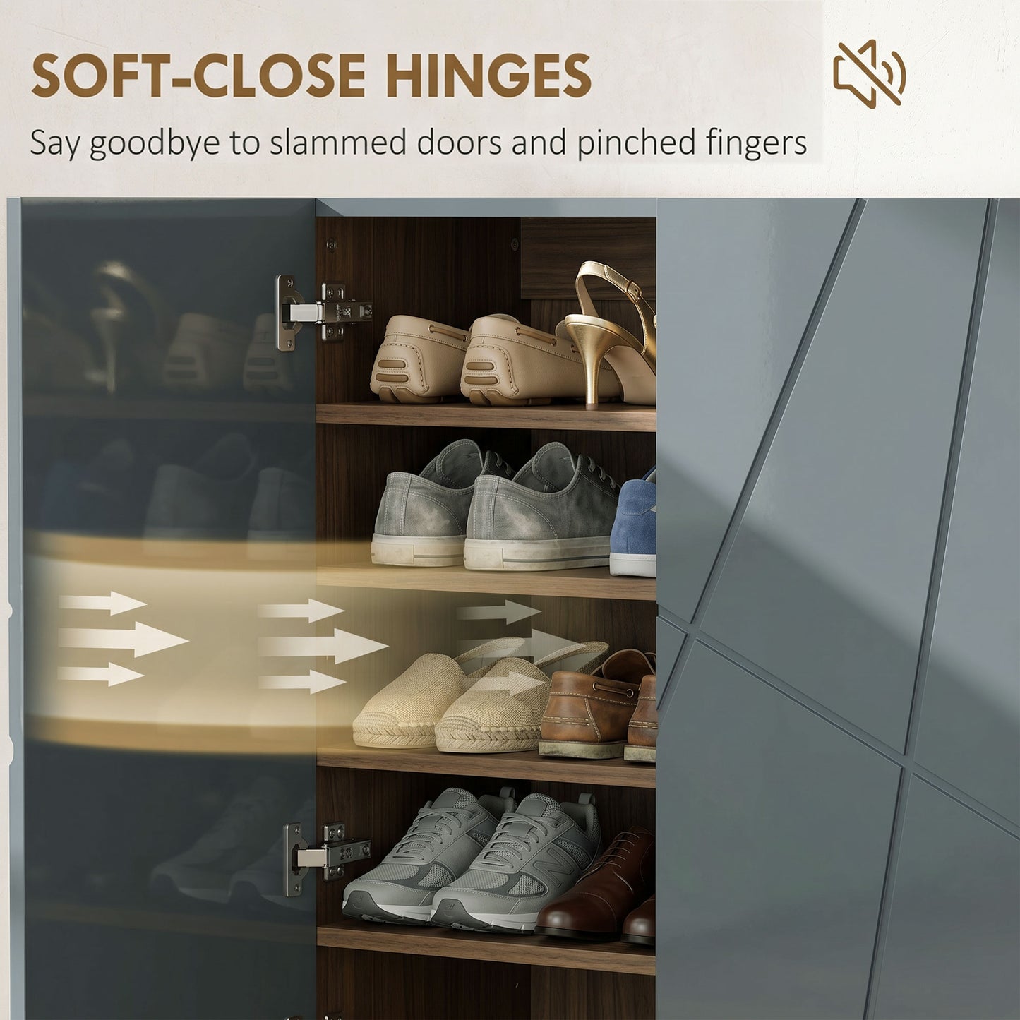 HOMCOM Narrow Shoe Storage Cabinet With Soft Close Hinges And Adjustable Shelves For 15 To 20 Pairs Of Shoes Grey