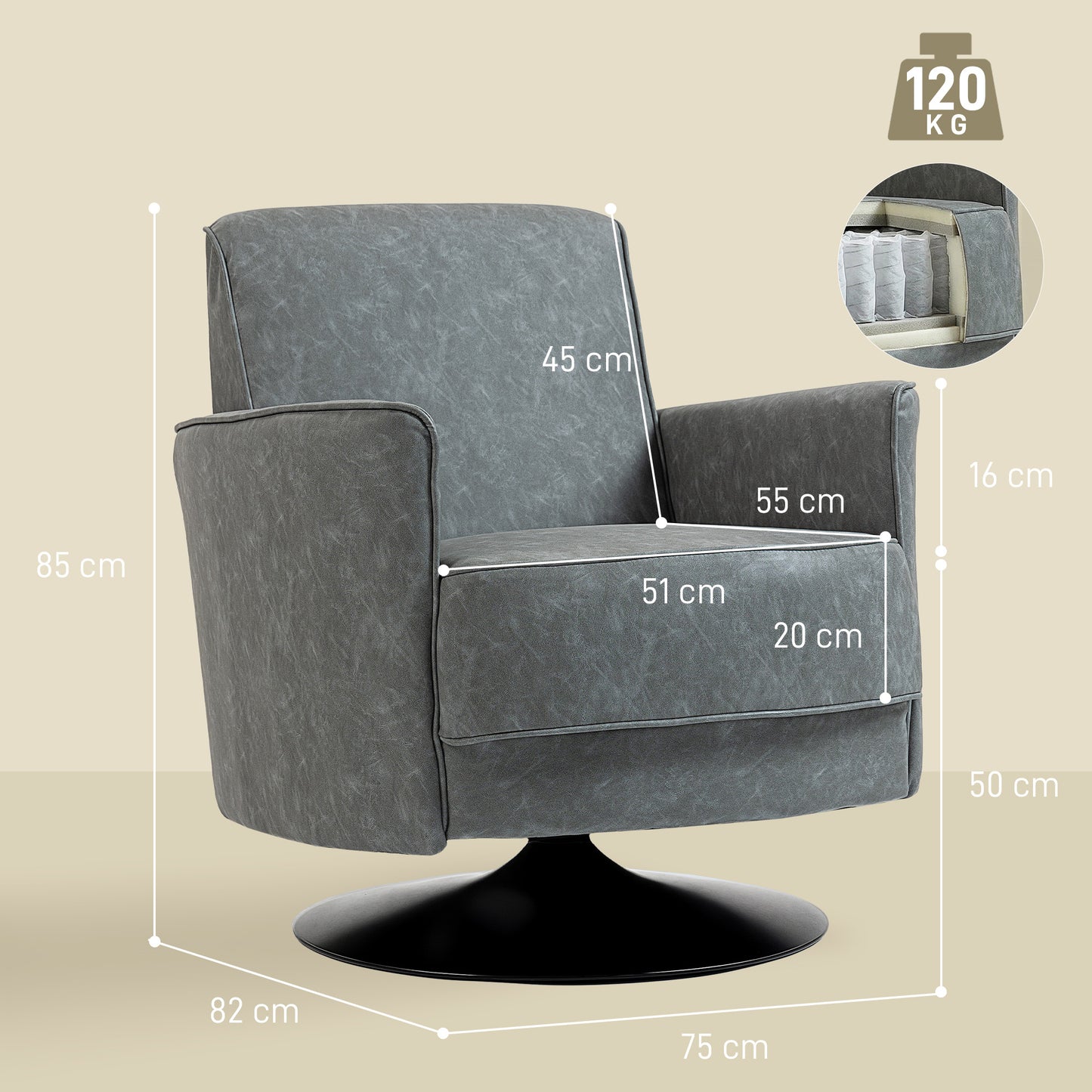 HOMCOM Upholstered Swivel Accent Chair With Thick Padding Pocket Springs In Grey 360 Degree Swivel Armchair