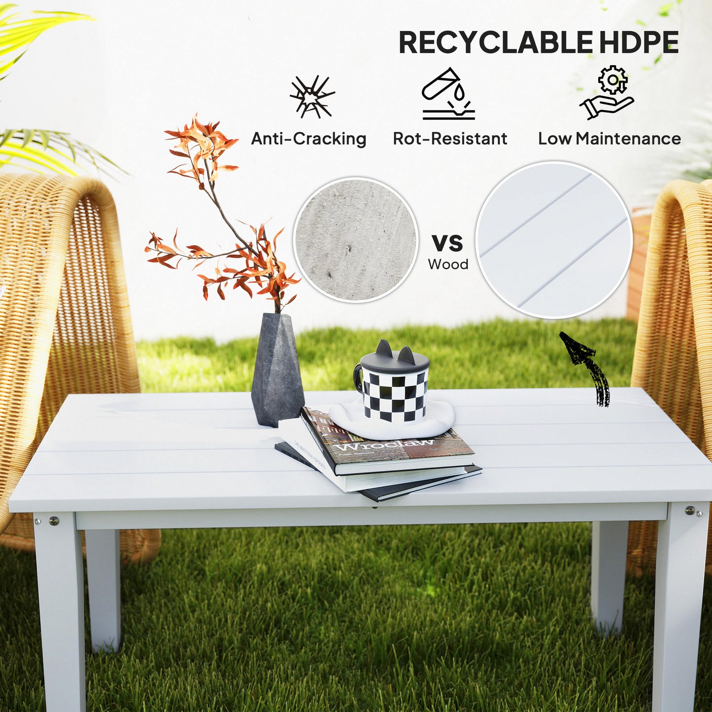 Outsunny Outdoor Garden Coffee Table HDPE All Weather Rectangular Slatted Top for Patio Balcony 91 x 44 x 42 cm White