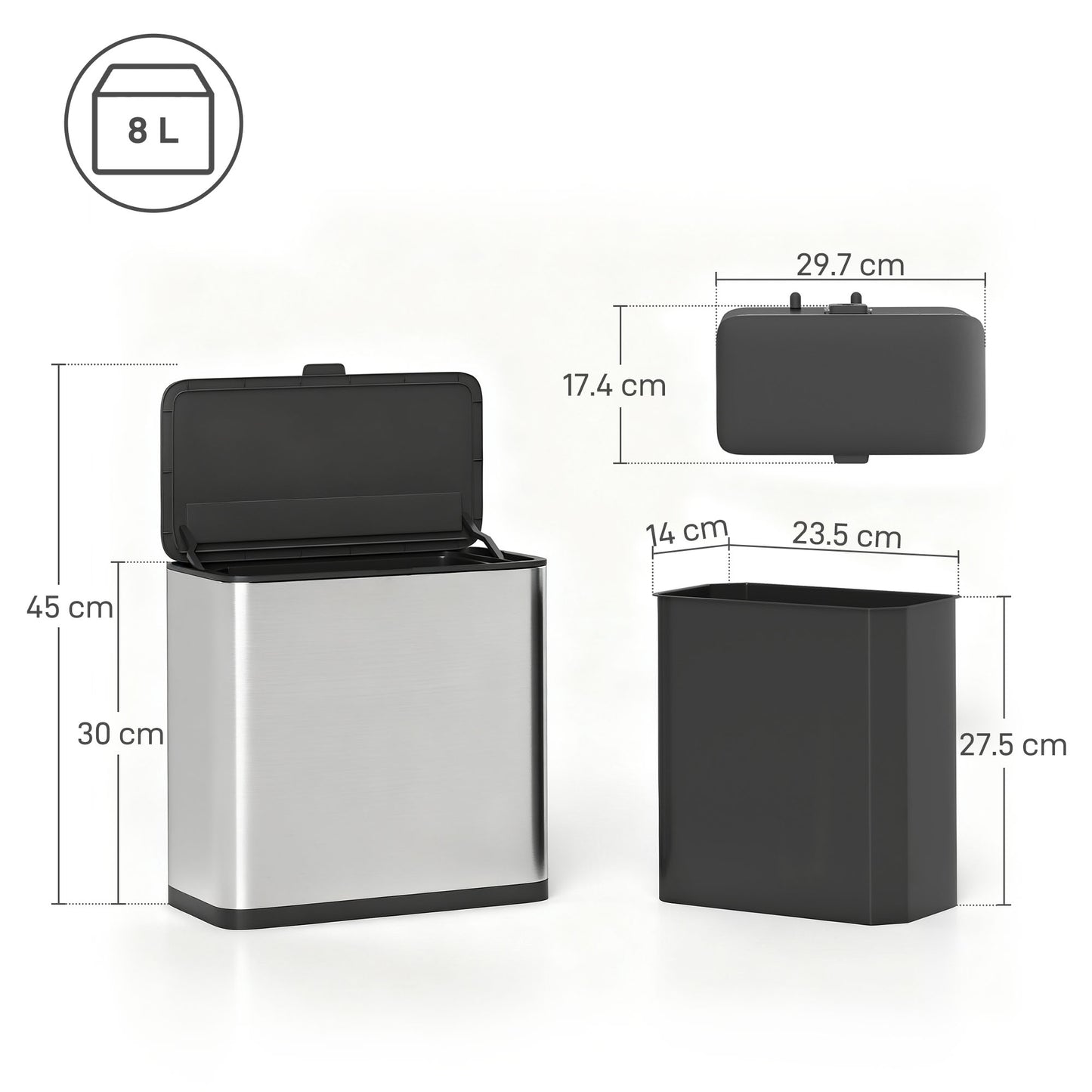 HOMCOM 8L Hanging Kitchen Bin With Stay Open Lid And Removable Inner Bucket For Under Cabinet Door Under Sink Office
