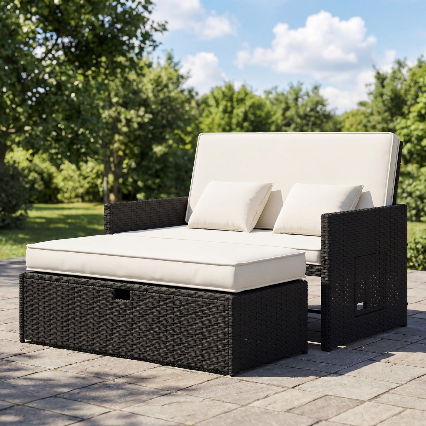 Outsunny Rattan Garden Daybed Two Piece Lounge Set With Adjustable Back And Storage Ottoman Cream White