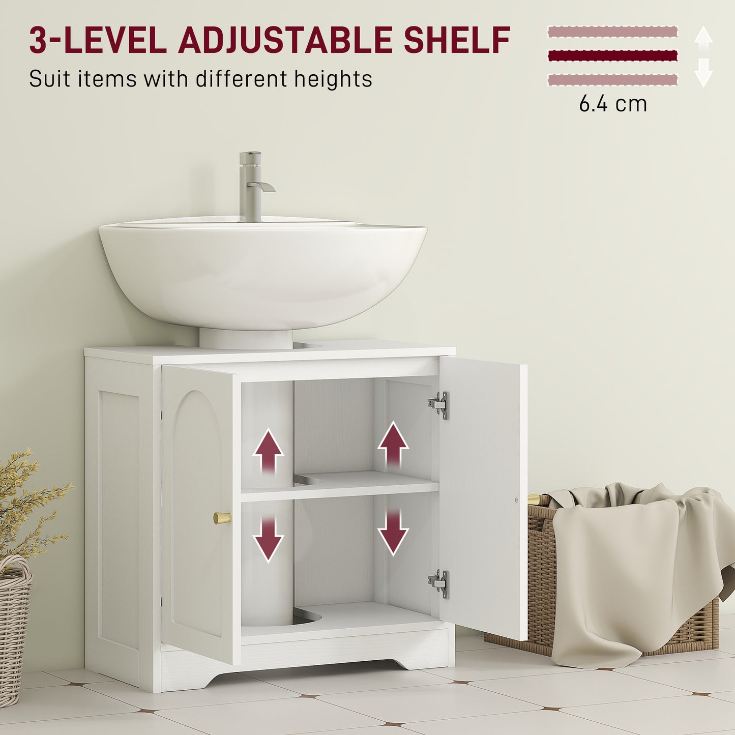 HOMCOM Under Sink Bathroom Cabinet White With Double Doors Fits Most Basins Three Level Adjustable Shelf Behind Doors