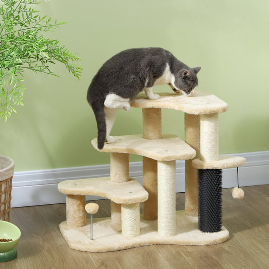 PawHut Beige 2-in-1 Cat Tree and Pet Stairs with Scratching Post and Toy Balls