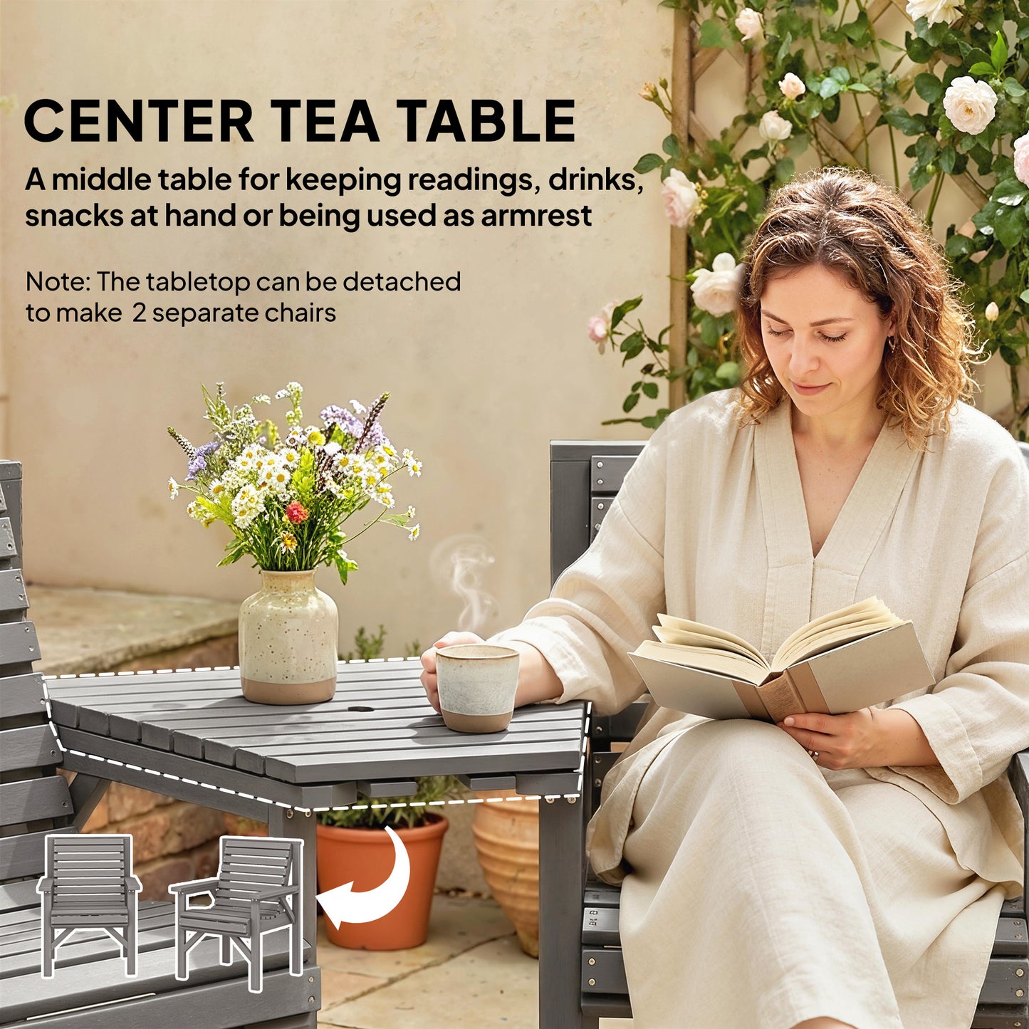 Outsunny 2 Seater Wooden Garden Bistro Set with Table and Chairs Parasol Hole Light Grey Outdoor Patio Furniture