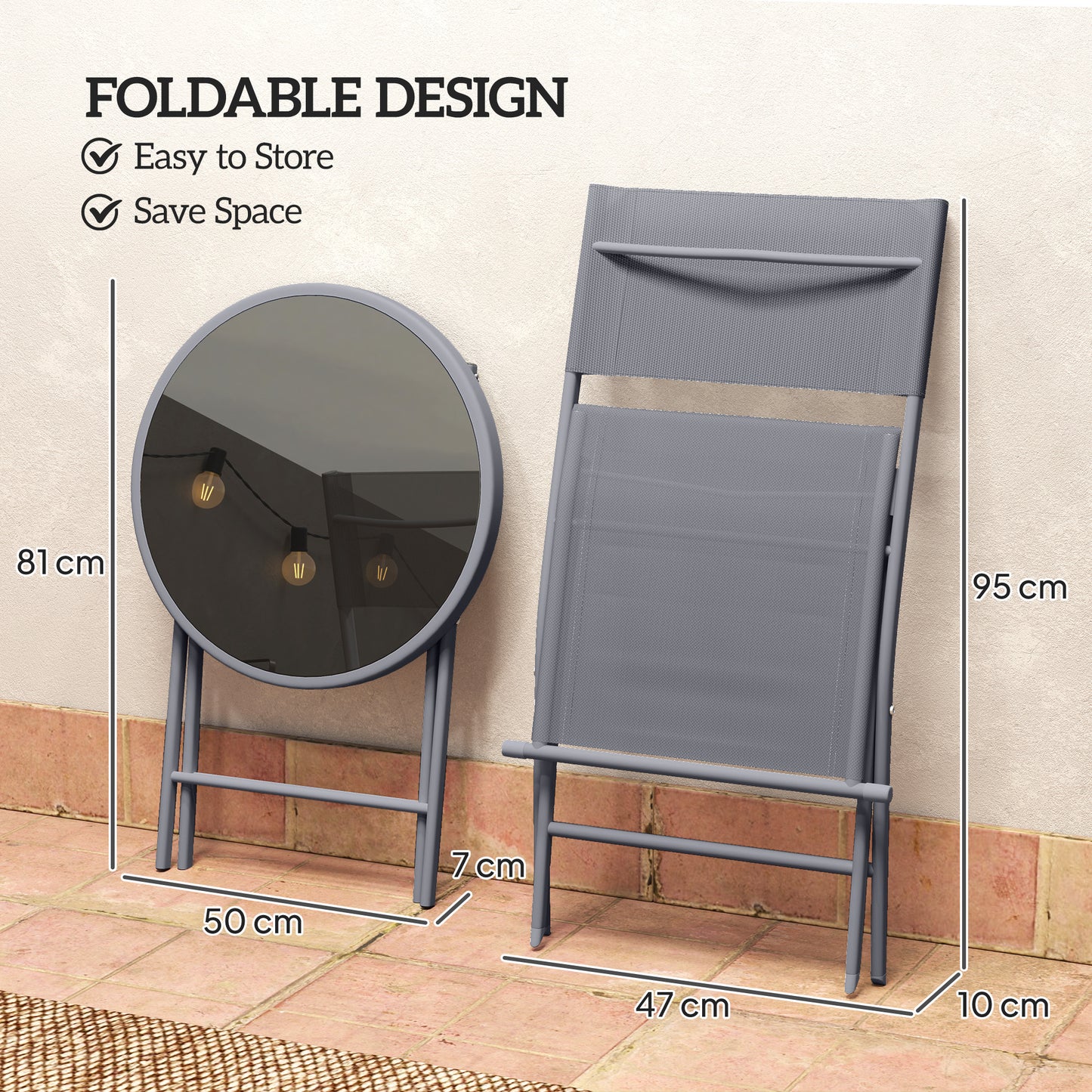 Outsunny 3 Piece Outdoor Bistro Set Glass Top Table and Two Folding Chairs with Protective Feet Grey