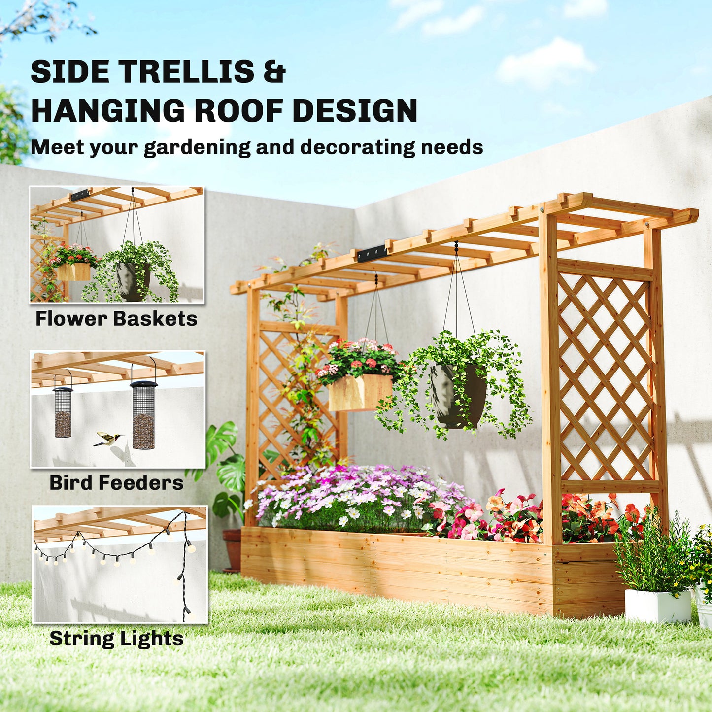 Outsunny Fir Wood Raised Planter With Trellis And Roof Drainage Holes Outdoor Garden Bed 175 X 39 Cm Planter Box