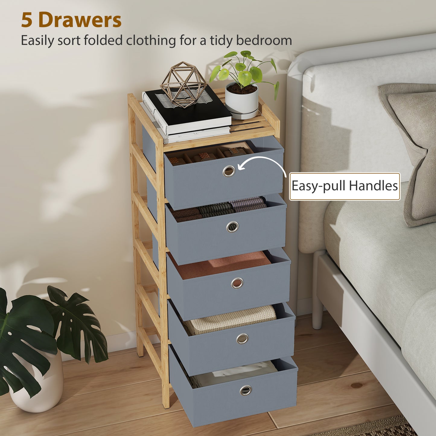 HOMCOM Narrow Chest Of Drawers Dresser With Five Fabric Drawers And Bamboo Frame In Light Grey