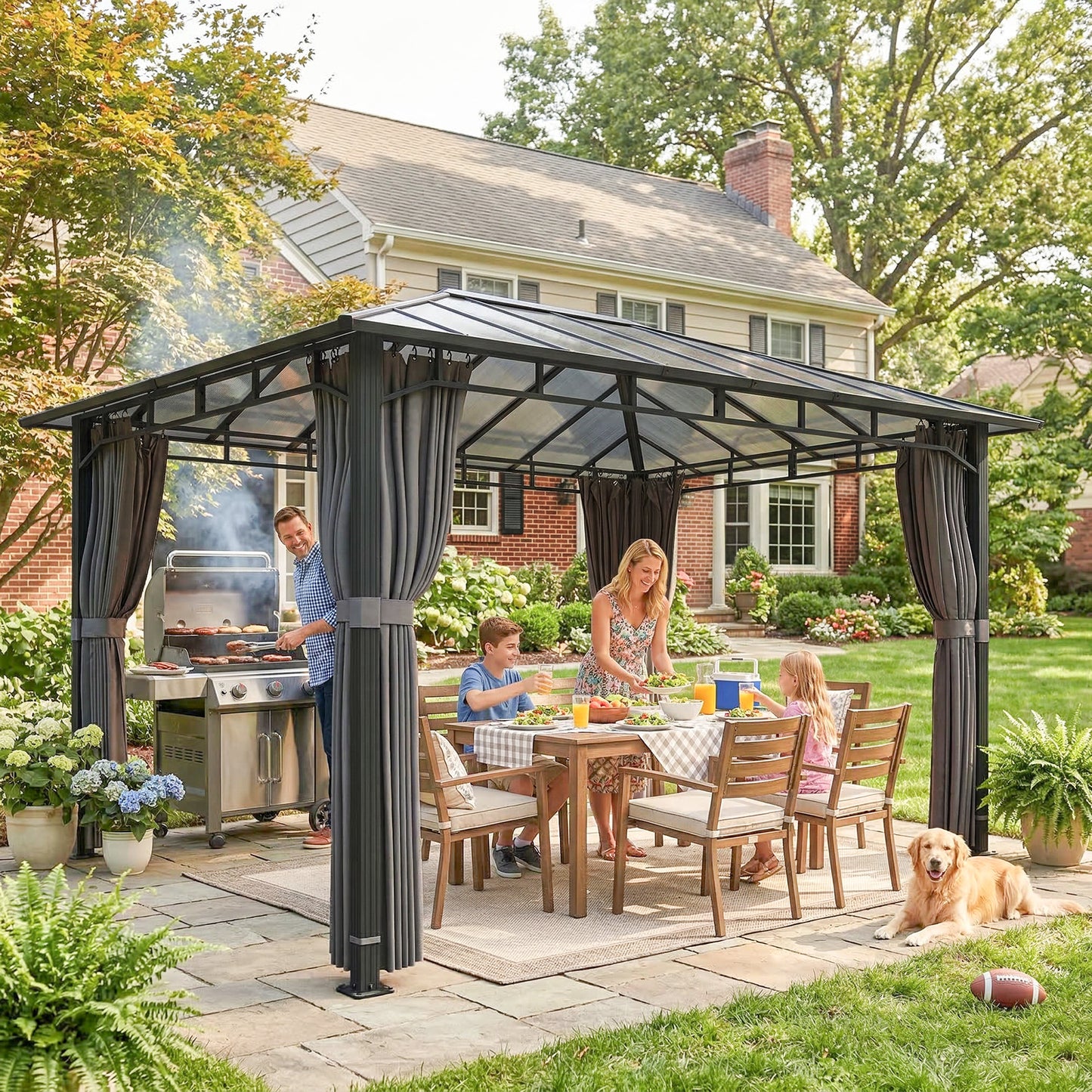 Outsunny 3 x 4 m Outdoor Hardtop Gazebo With Polycarbonate Roof Aluminum Permanent Pavilion With Curtains Dark Grey