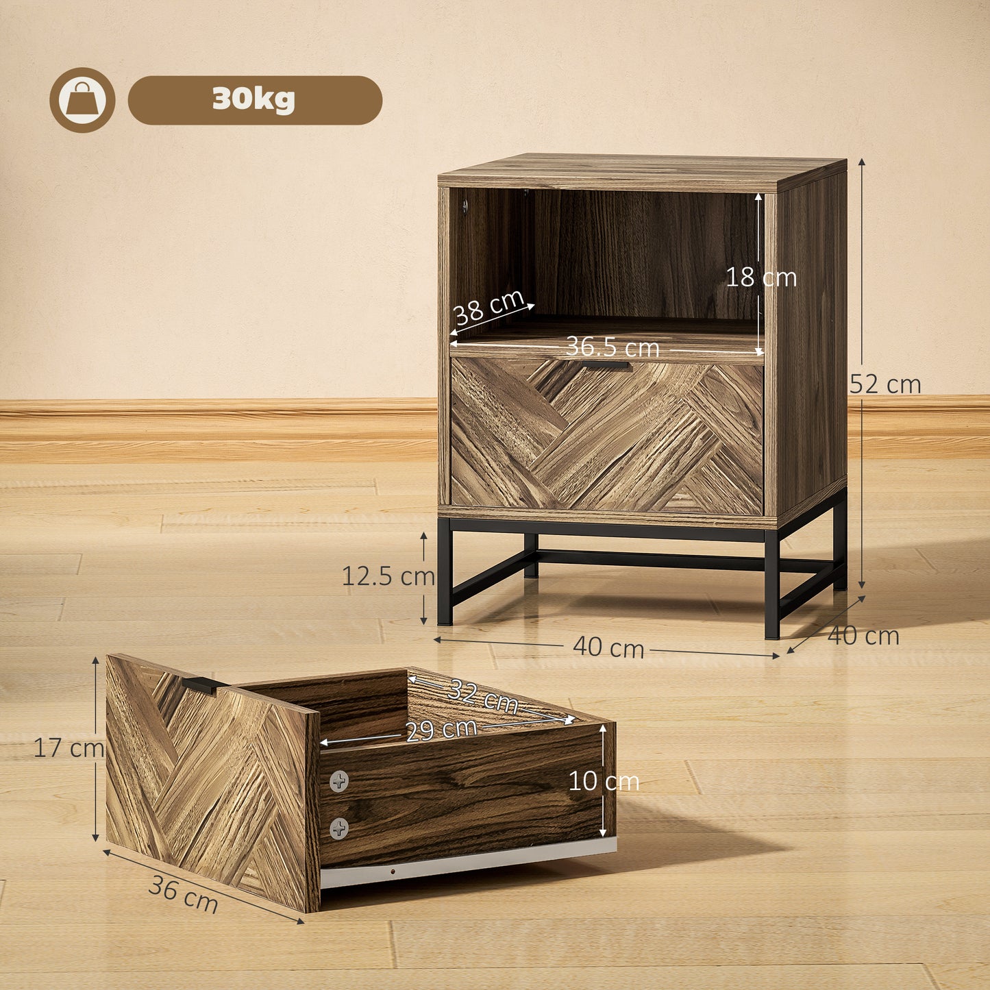 HOMCOM Bedside Table With Drawer And Open Shelf, Steel Leg End Table For Bedroom And Living Room, Brown Wood Effect