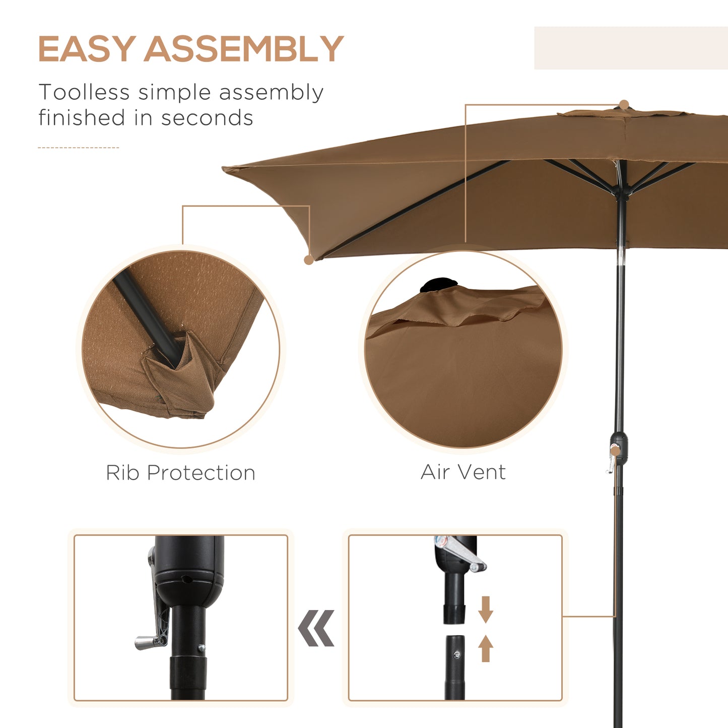 Outsunny Rectangular Brown Outdoor Garden Parasol Umbrella with Tilt and Crank - 3x2m Aluminium Frame - ALL4U RETAILER LTD