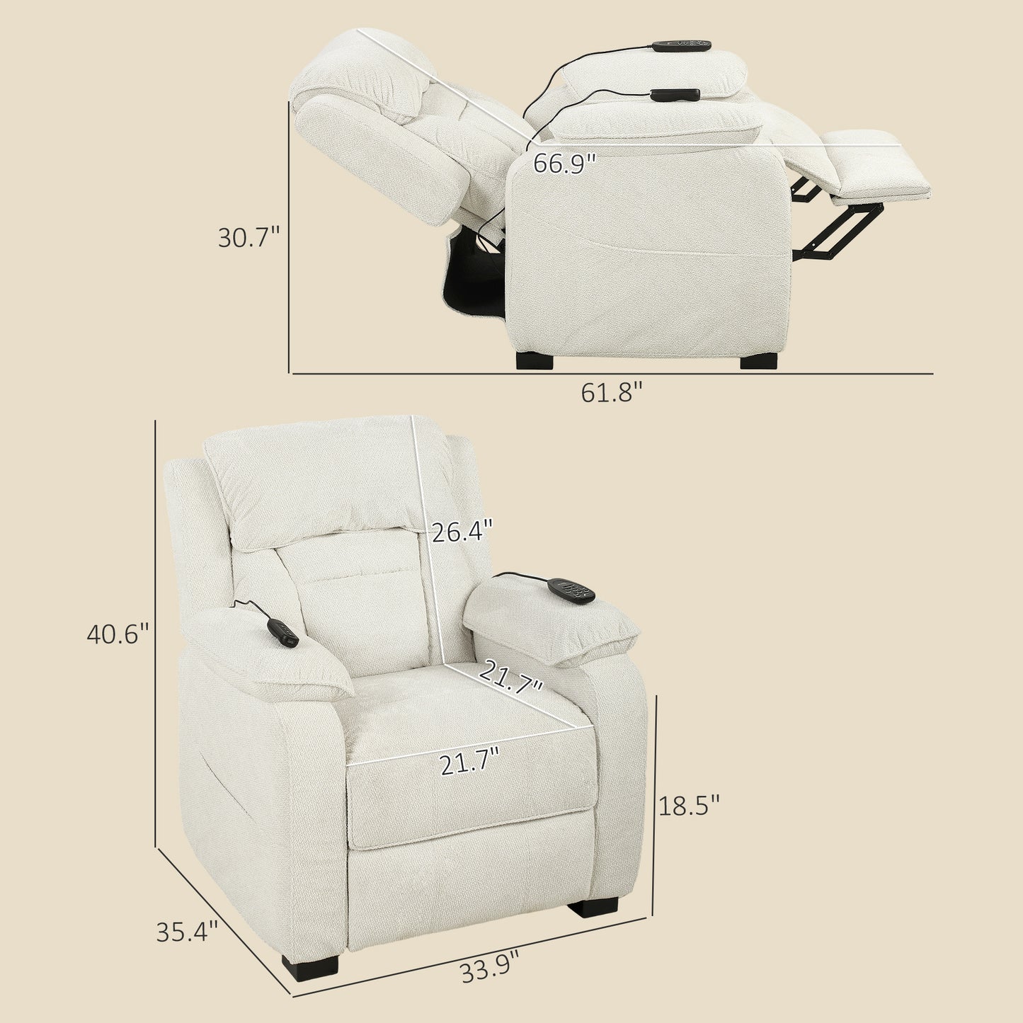 HOMCOM Power Recliner Armchair With Massage And Heat Electric Reclining Chair With Wide Spring Seat Cream White