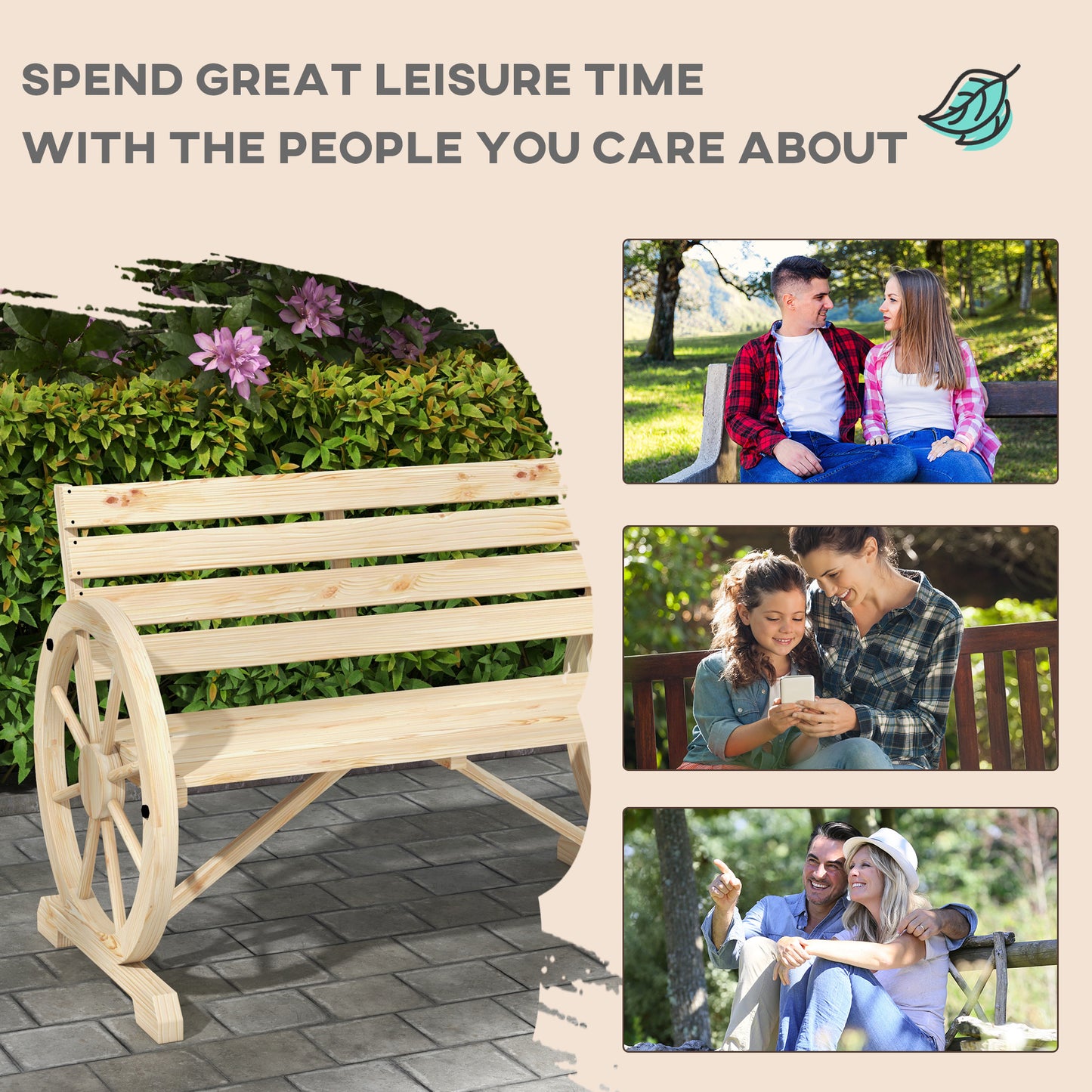 Outsunny Wagon Wheel Chair Bench With Armrests Rustic Loveseat For Outdoor Garden Patio Natural Wood Finish