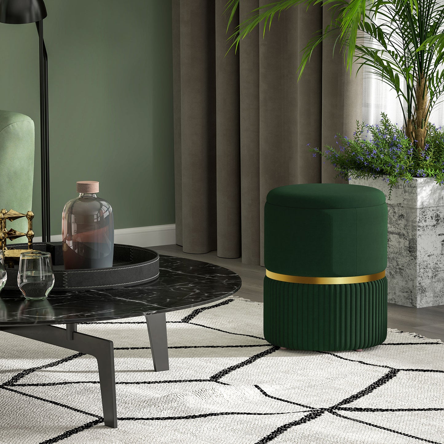 HOMCOM Velvet Feel Storage Ottoman Green With Hidden Under Seat Storage And Solid MDF Frame