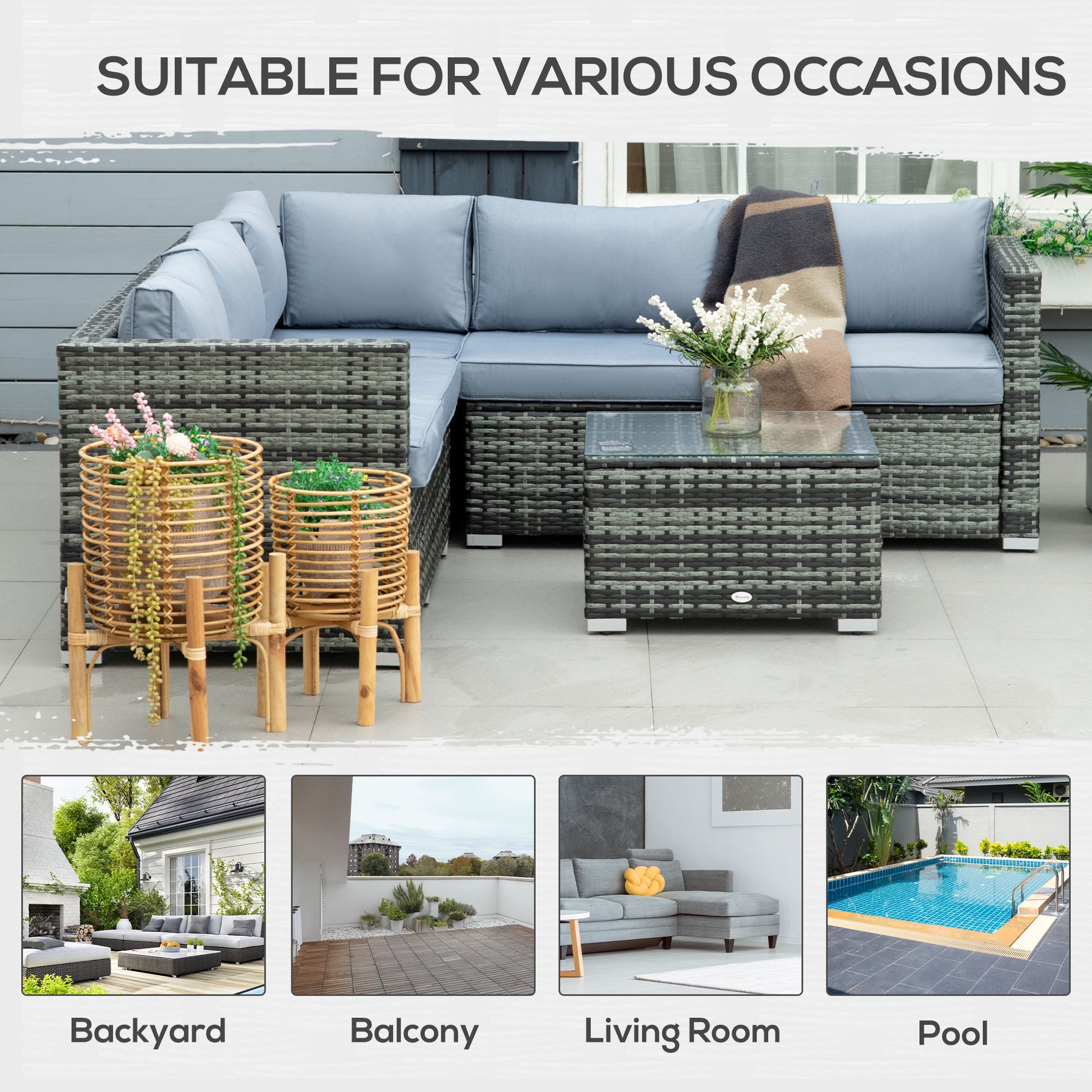 HOMCOM Outdoor 5-Piece Grey Rattan Sofa Set with Coffee Table and Cushions - ALL4U RETAILER LTD