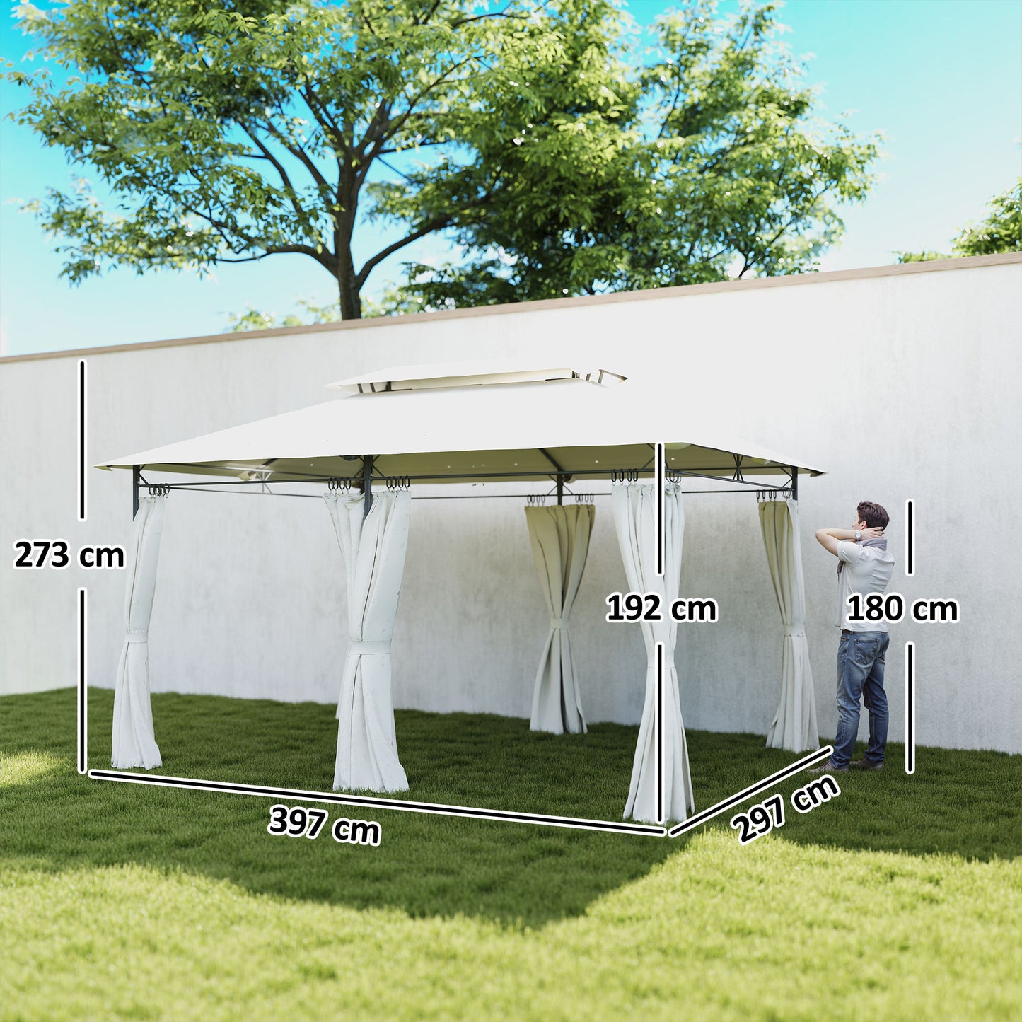 Outsunny 3x4m Metal Frame Gazebo With Two Tier Roof Cream White Garden Canopy For Outdoor Parties