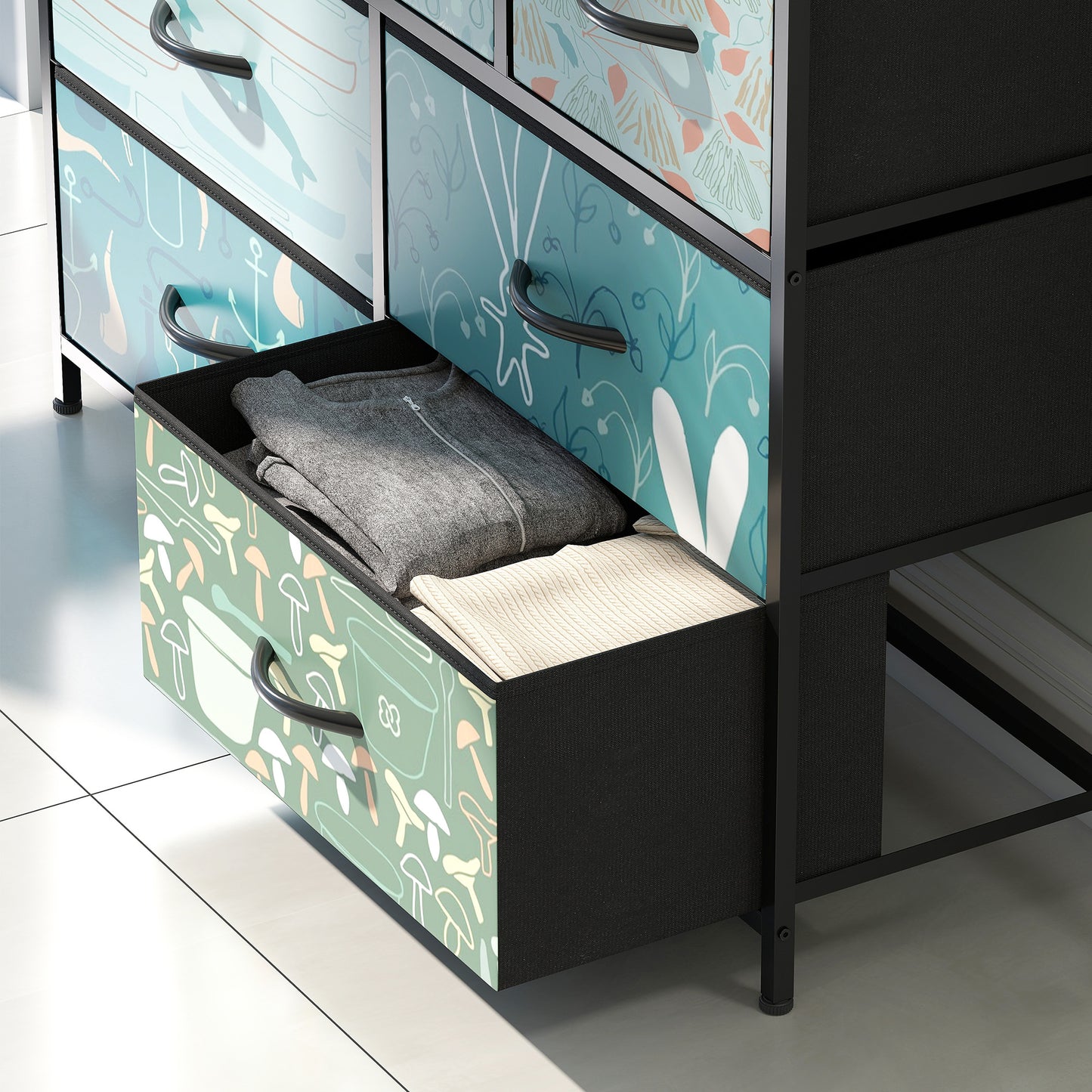 HOMCOM 7 Drawer Chest Of Drawers Blue With Removable Foldable Fabric Drawers And Patterned Panels