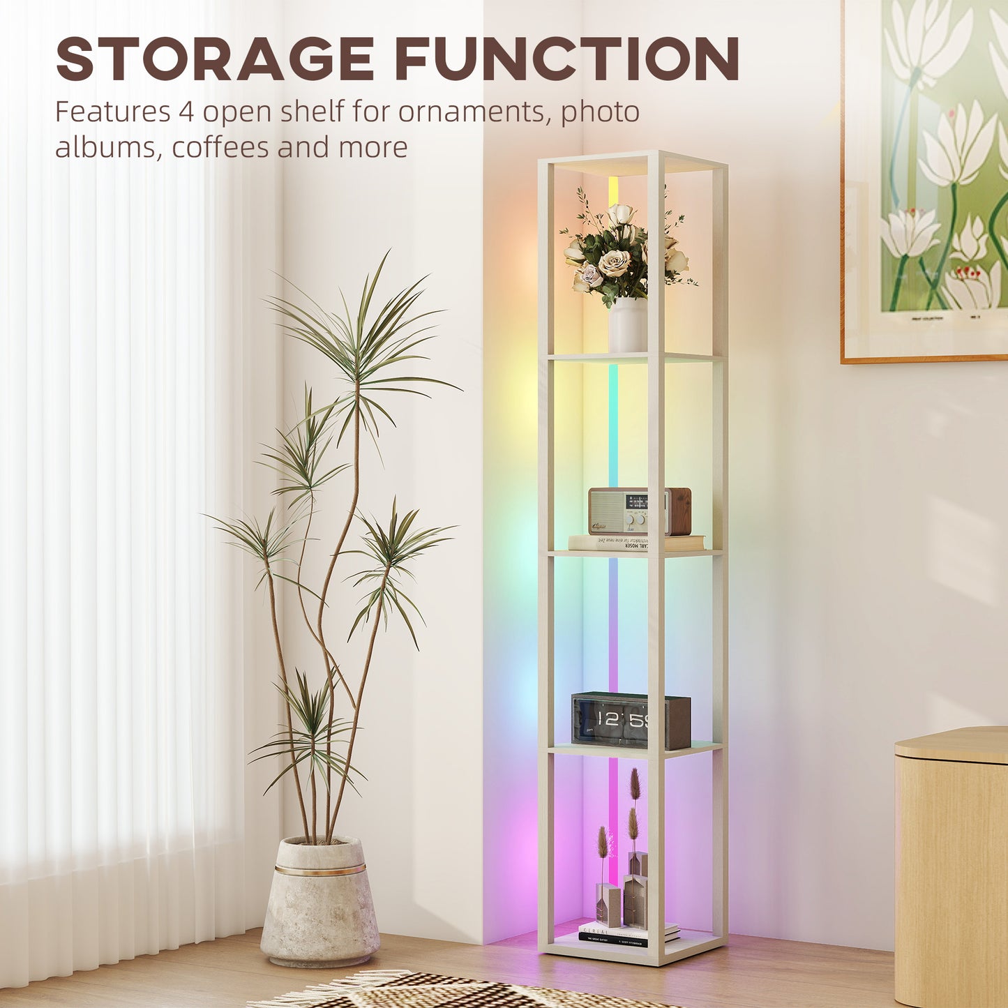 HOMCOM RGB LED Floor Lamp With Shelves Oak Dimmable Standing Lamp With Remote Control