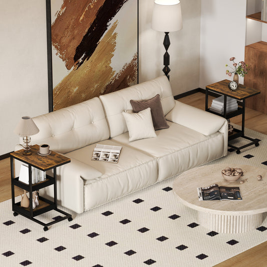 HOMCOM Mobile Sofa Side Table Set Of Two Industrial C Shaped Rolling Tables With 3 Tier Storage Dark Brown