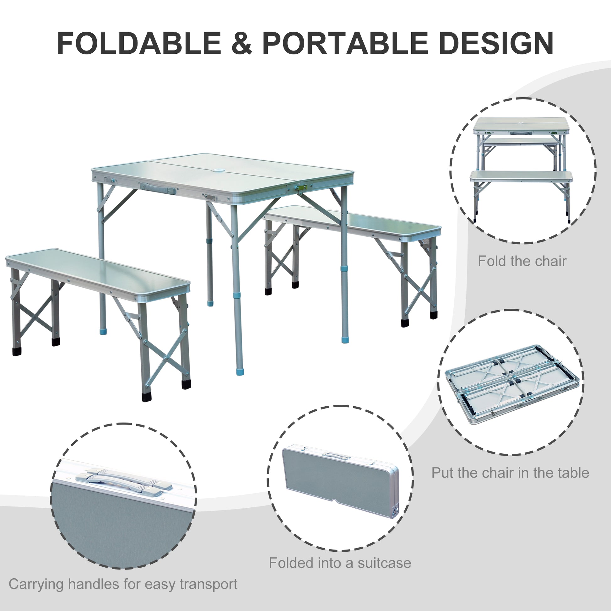 Outsunny Portable 3-Piece Folding Picnic Table and Bench Set for Outdoor Use - Lightweight Aluminum with Umbrella Hole - ALL4U RETAILER LTD