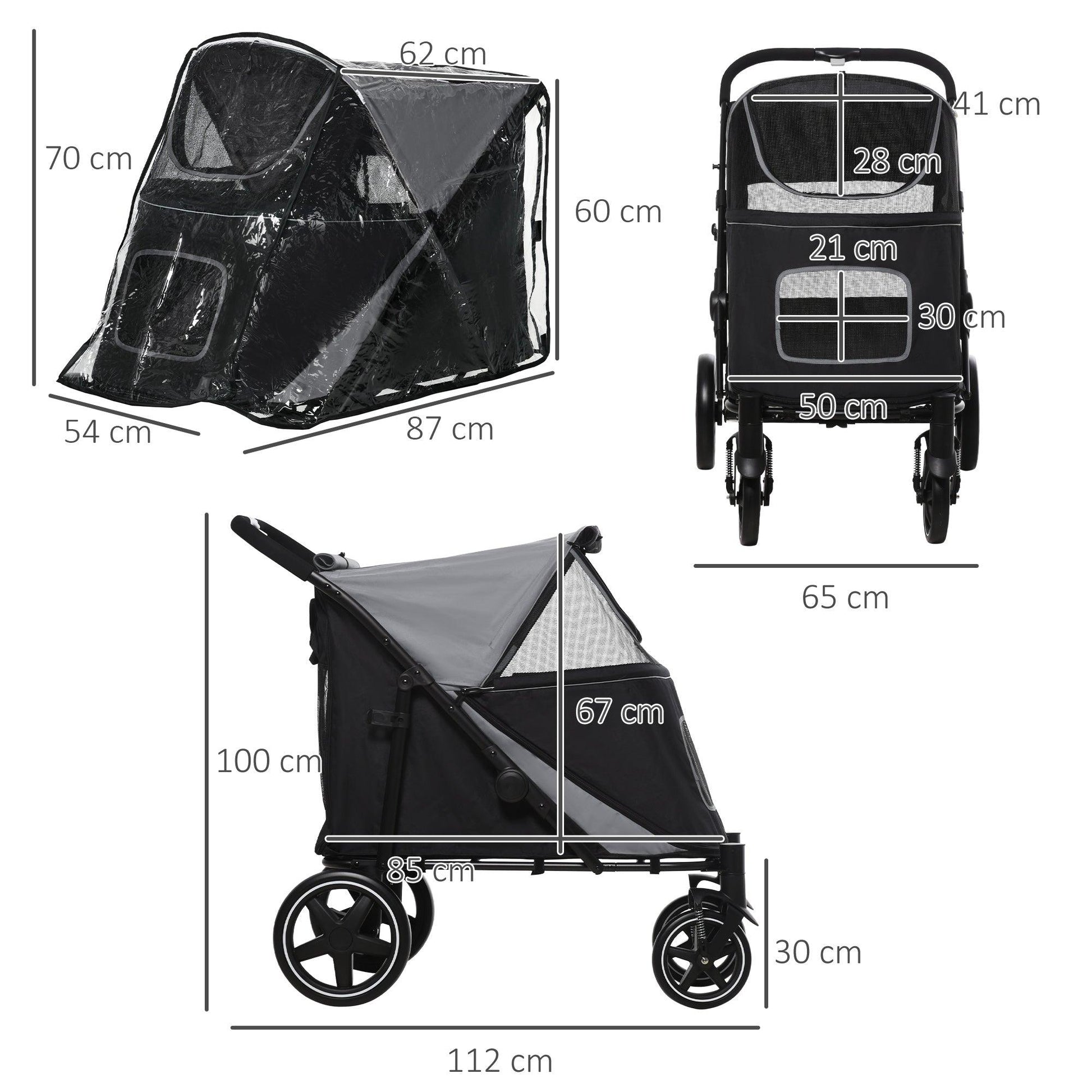 PawHut 4 Wheel Pet Stroller with Rain Cover for Medium and Large Dogs - Black - ALL4U RETAILER LTD