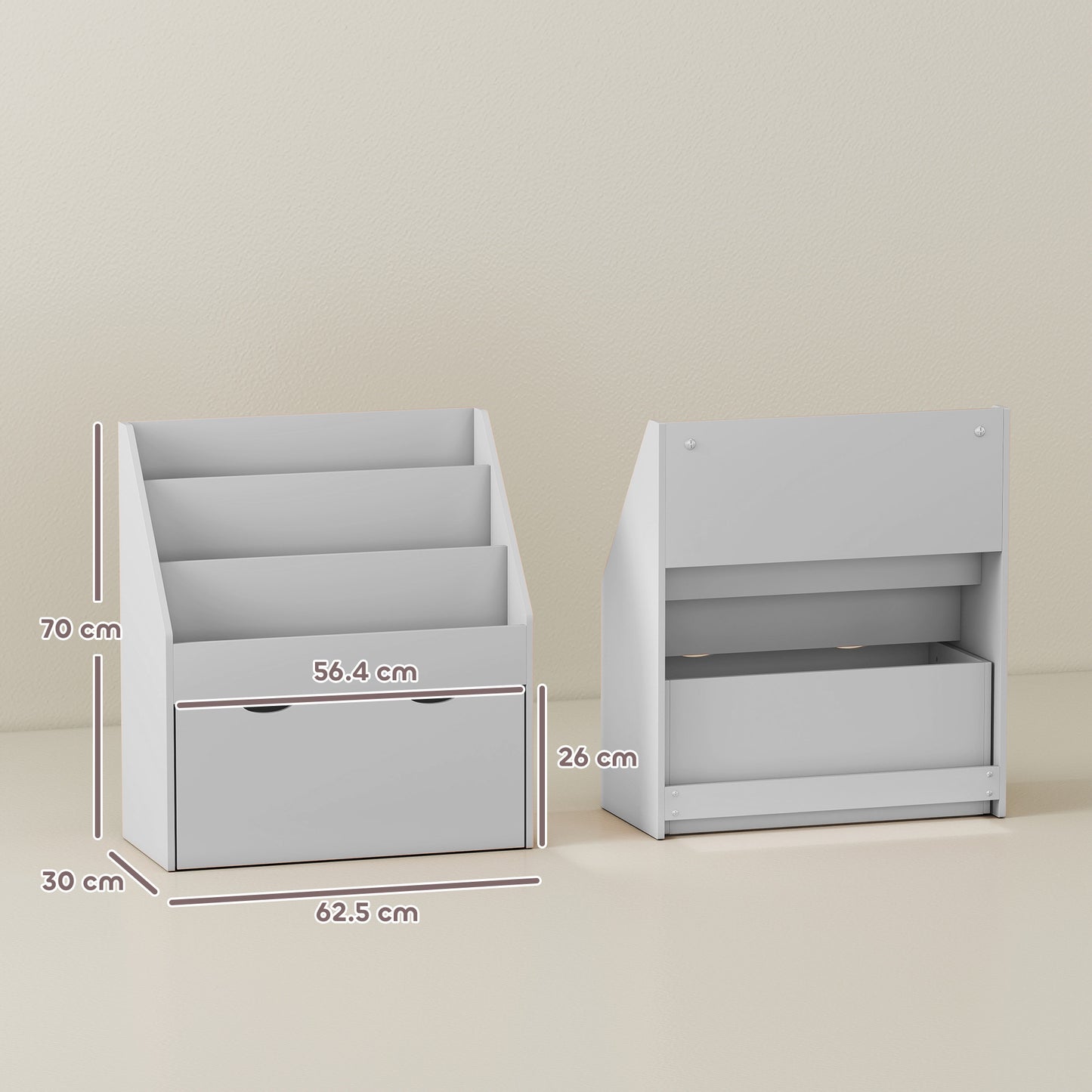 AIYAPLAY Kids Bookcase With Three Shelves And Drawer On Wheels In Grey For Bedroom And Playroom