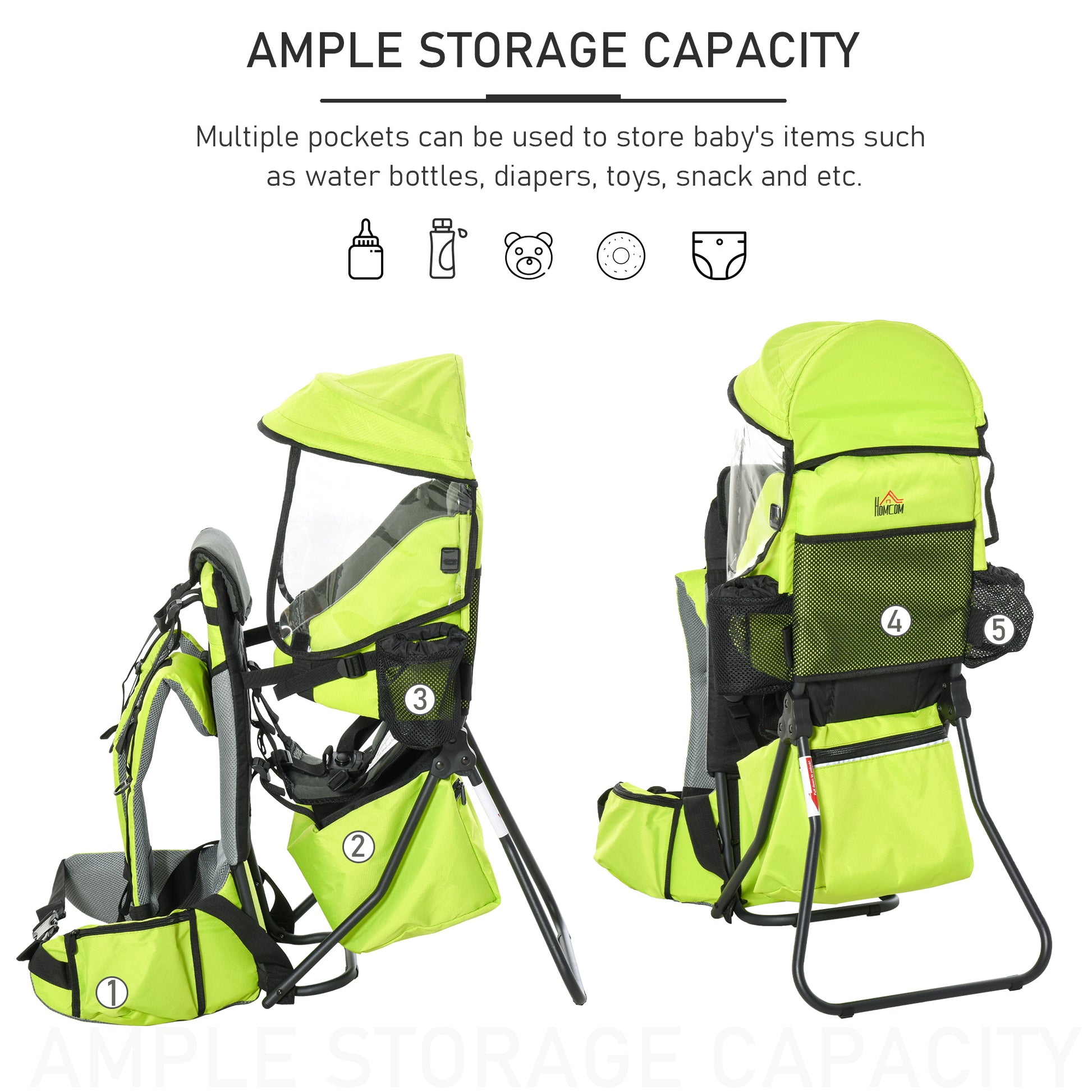 HOMCOM Ergonomic Baby Hiking Backpack Carrier with Detachable Rain Cover and Adjustable Straps for Toddlers 6-36 Months - Green - ALL4U RETAILER LTD