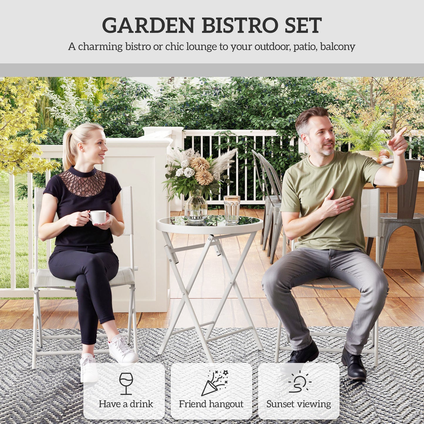 Outsunny 3 Piece Outdoor Bistro Set With Glass Top Outdoor Table And 2 Folding Chairs With Protecting Feet White