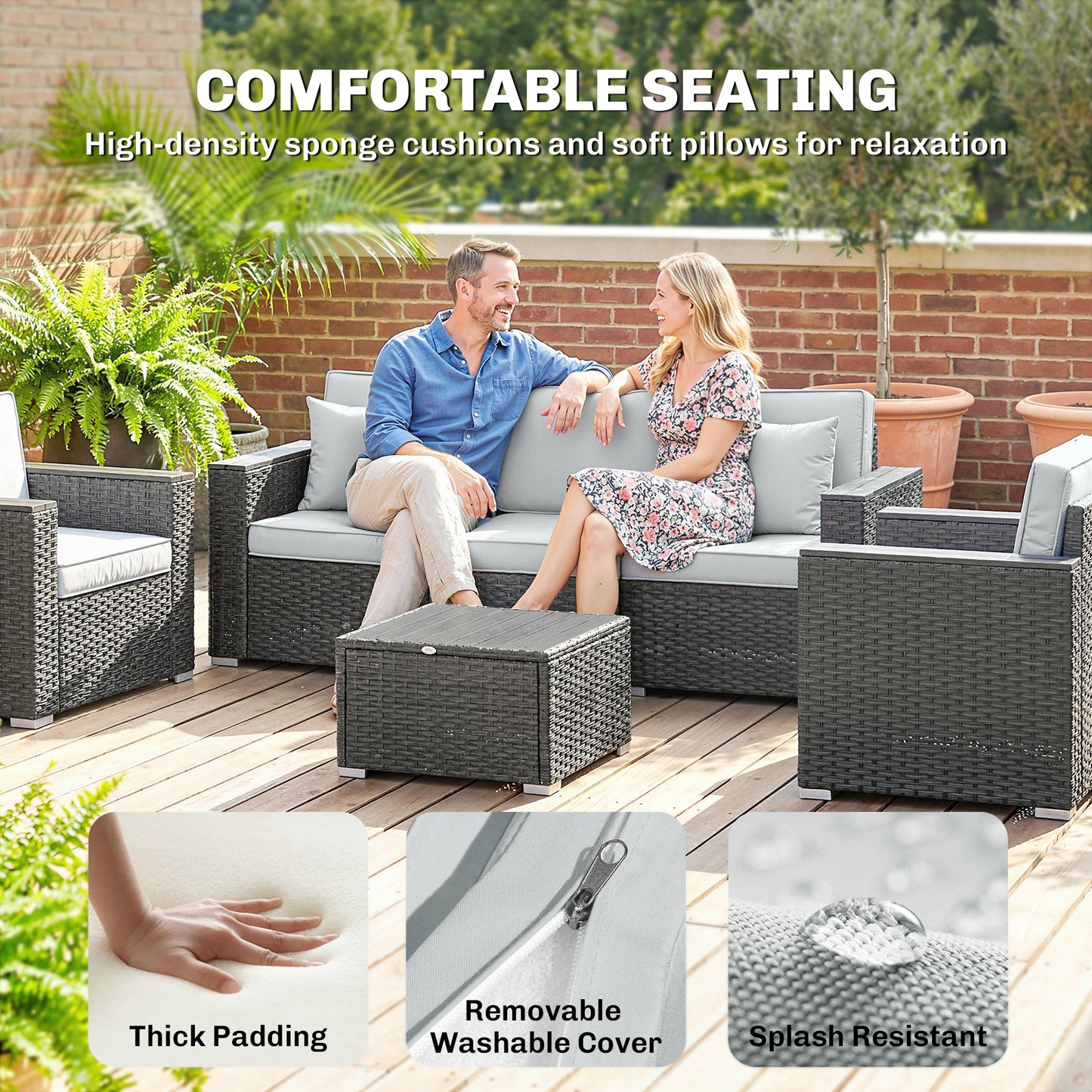 Outsunny 5 Seater Rattan Garden Furniture Set With Wide Armrests Cushions Pillows For Patio Dark Grey