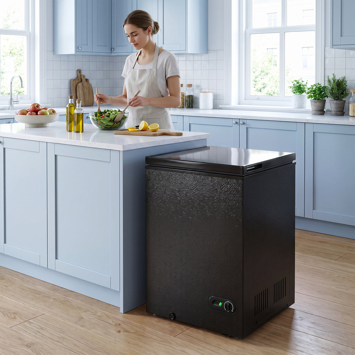 Black freestanding chest freezer with closed lid and mechanical temperature dial