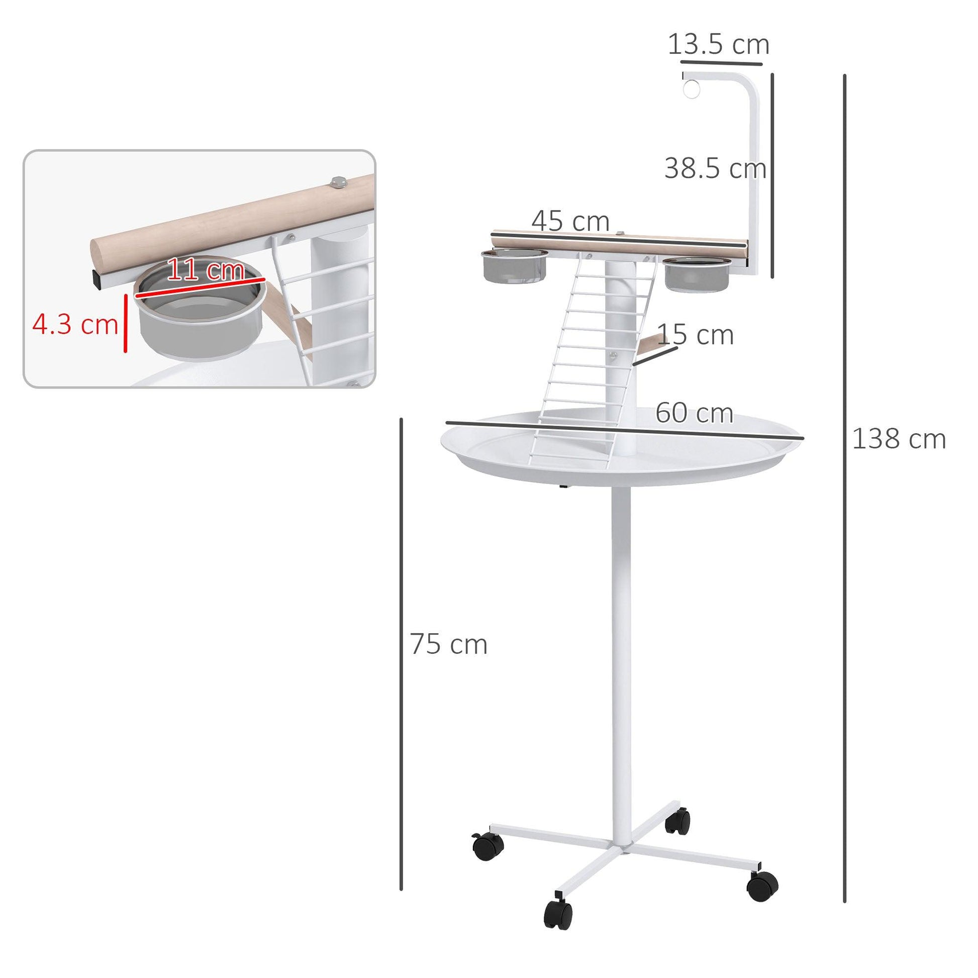 PawHut Bird Stand with Four Wheels, Perches, Stainless Steel Feed Bows, Round Tray, for Garden, Indoor, Outdoor - White - ALL4U RETAILER LTD