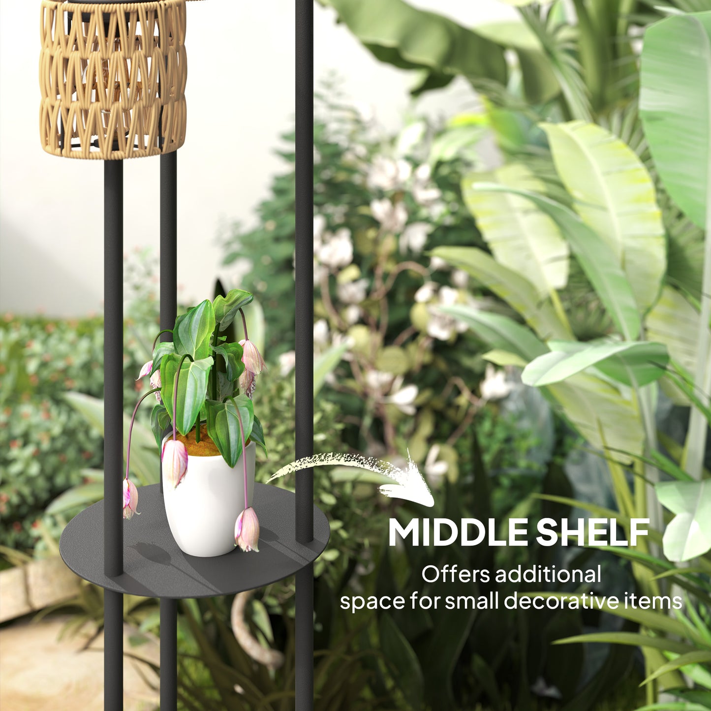 Outsunny Boho Rattan Floor Lamp With Shelf 3 Lights Solar Outdoor Garden Lamp Auto On Off IP44 Waterproof Yellow