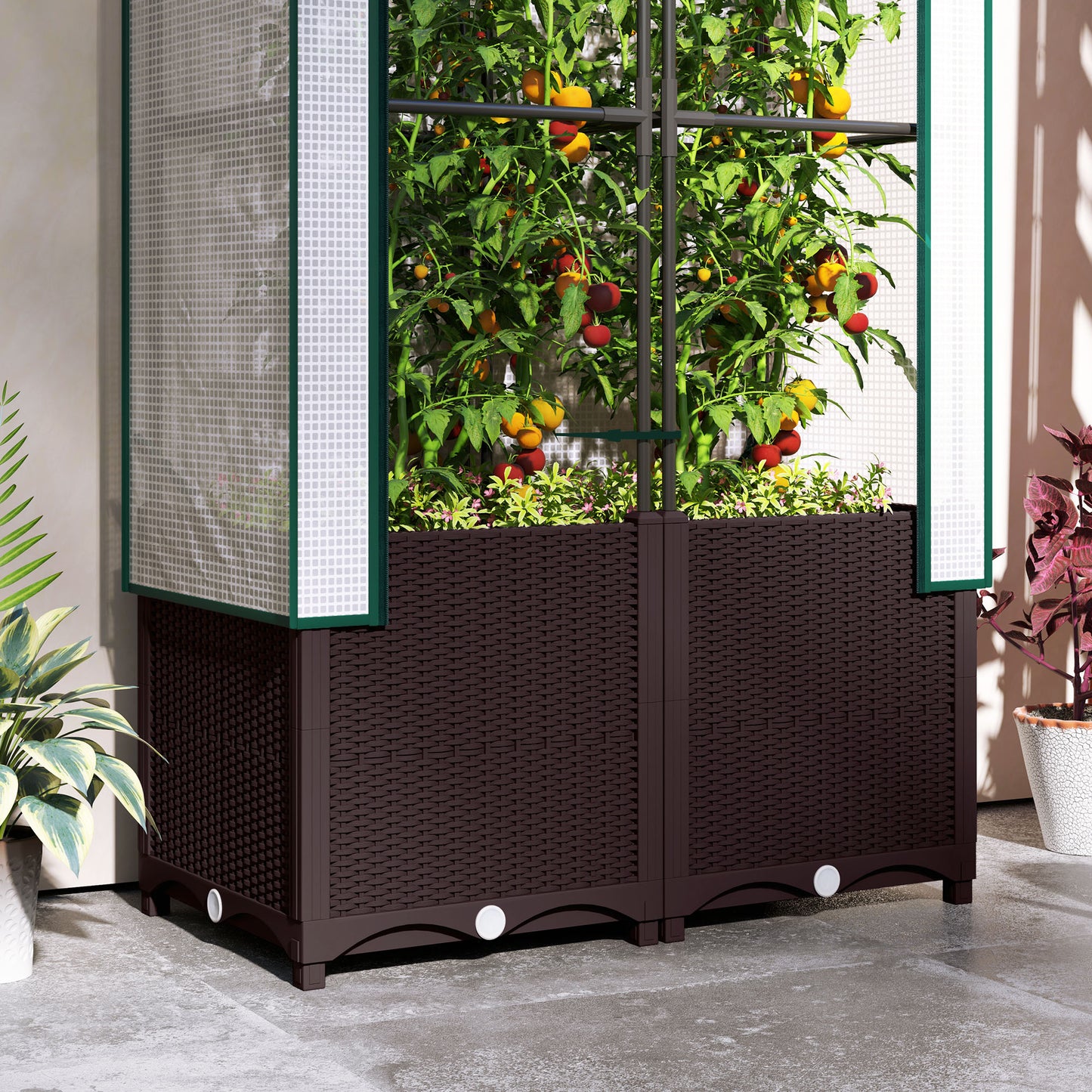Outsunny Raised Garden Bed With Trellis Plastic Planter Box PE Cover 80 X 40 X 140 cm For Climbing Plants Flowers