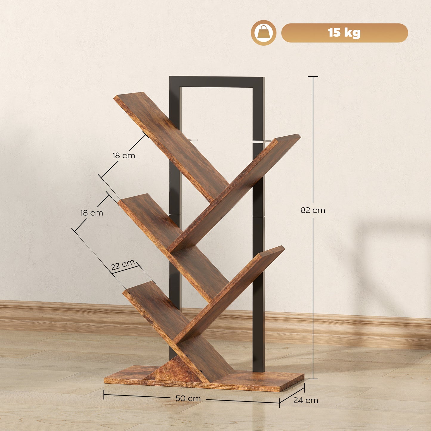 HOMCOM Four Section Tree Bookcase Wood Effect With Steel Frame And Particle Board Core For Books And Magazines