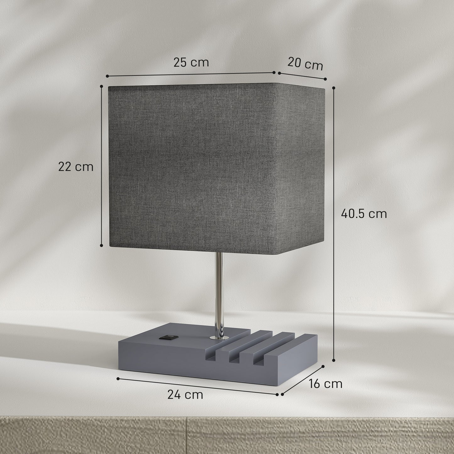 HOMCOM Bedside Lamp With USB A And USB C Ports Three Phone Stands E27 Socket Solid Wood Base Fabric Shade Grey