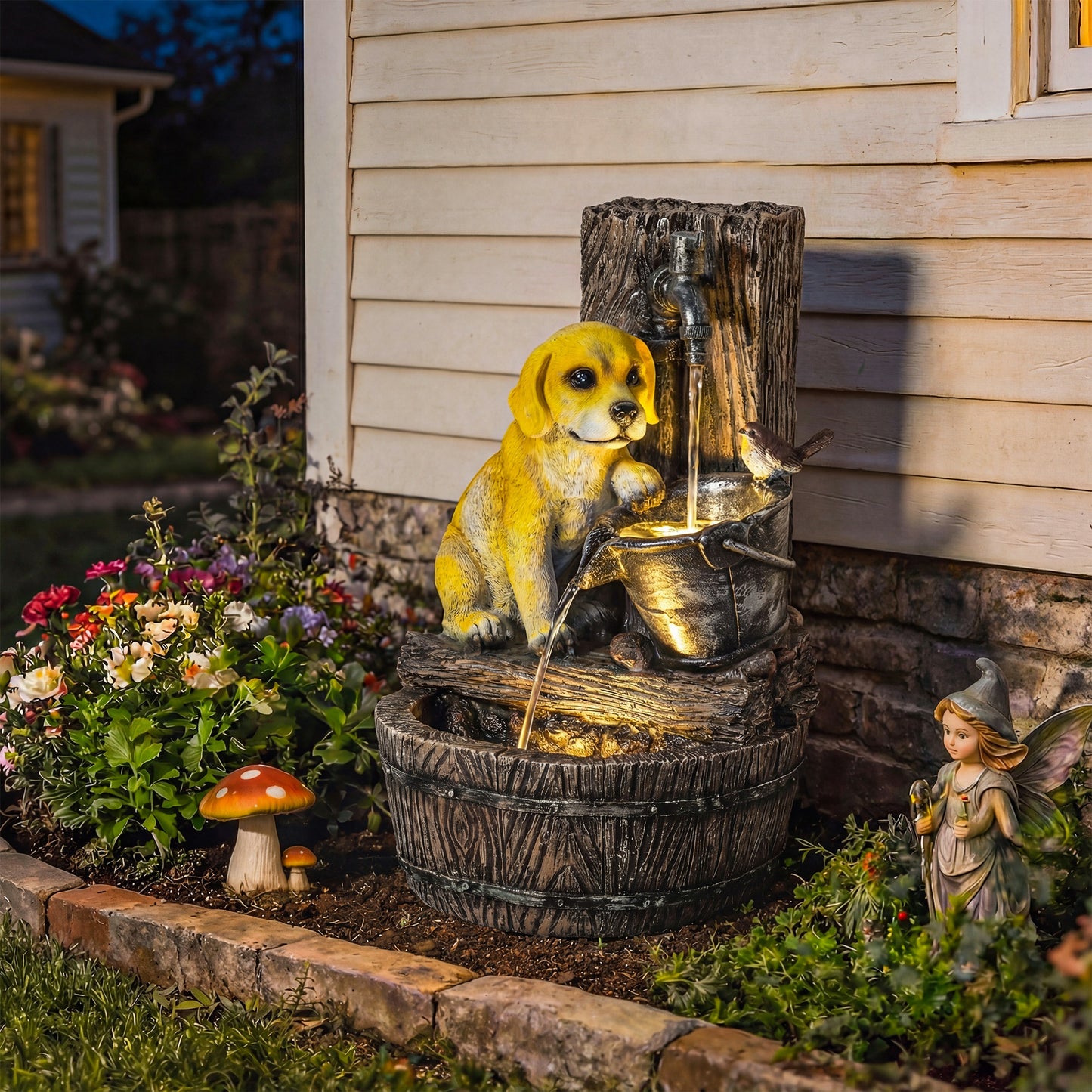 Outsunny 3 Tier Rustic Puppy Garden Water Feature Freestanding Resin With LED Lights Adjustable Flow Rustic Brown