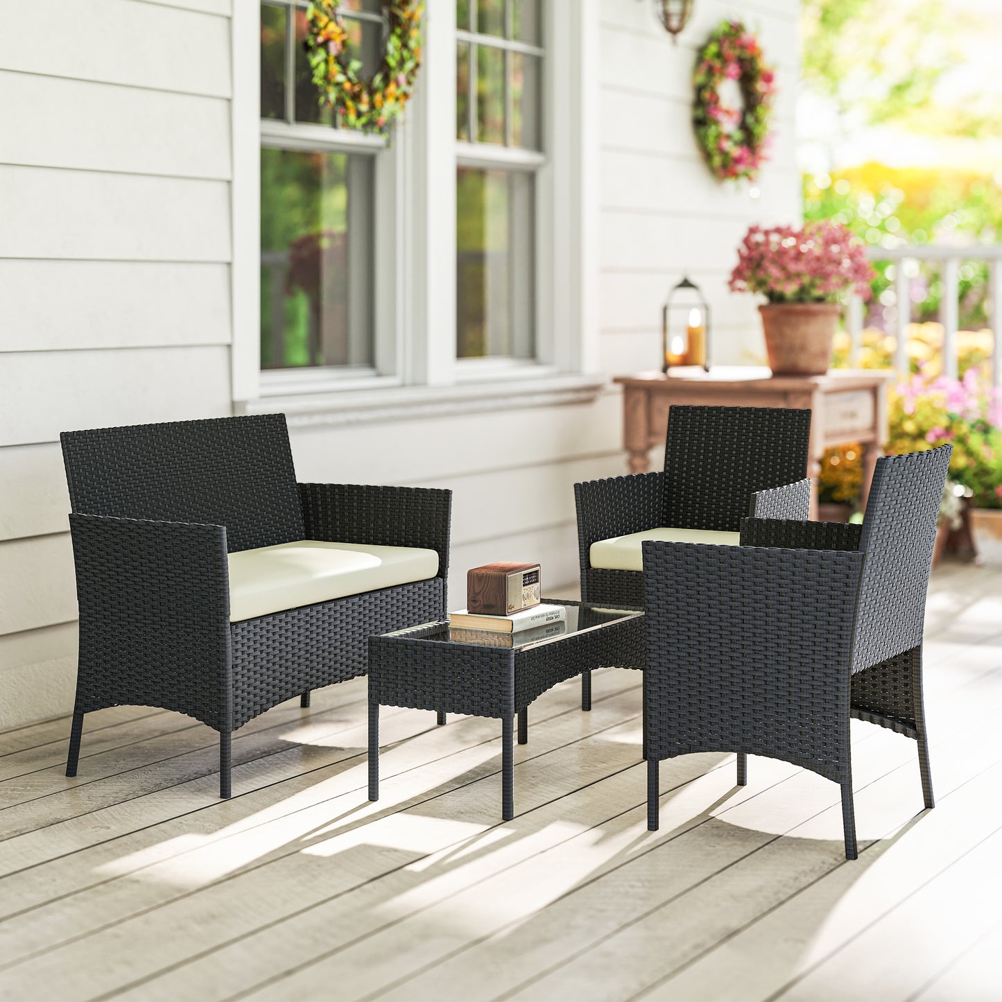 Outsunny 4 Piece Rattan Garden Furniture Set With Loveseat Armchairs Glass Top Coffee Table Cushions Cream White