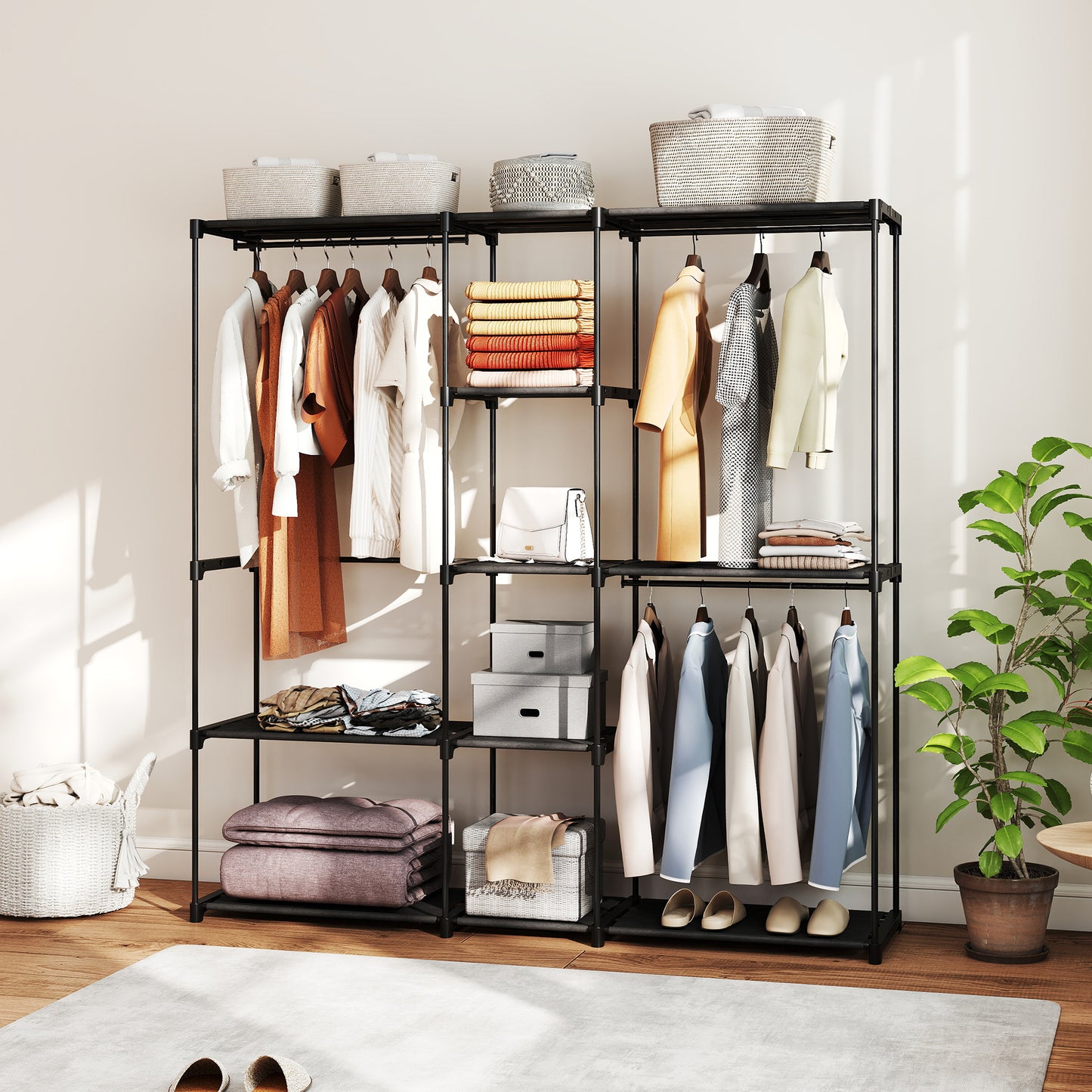 HOMCOM Portable Wardrobe With 8 Shelves And 3 Hanging Rails Open Black Clothes Organizer