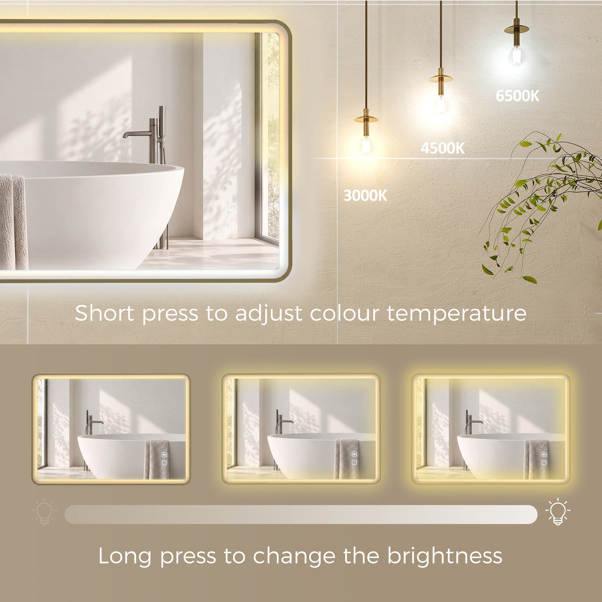Gold-framed LED bathroom mirror with warm white border lighting, touch controls