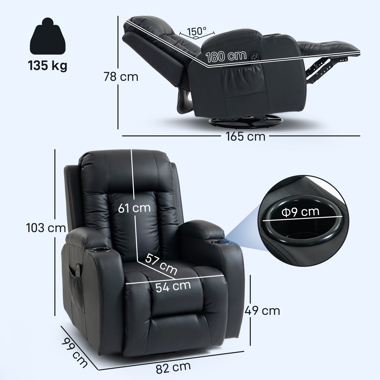 HOMCOM PU Leather Vibrating Massage Recliner Chair With Extended Footrest Cup Holders And Side Pockets Black