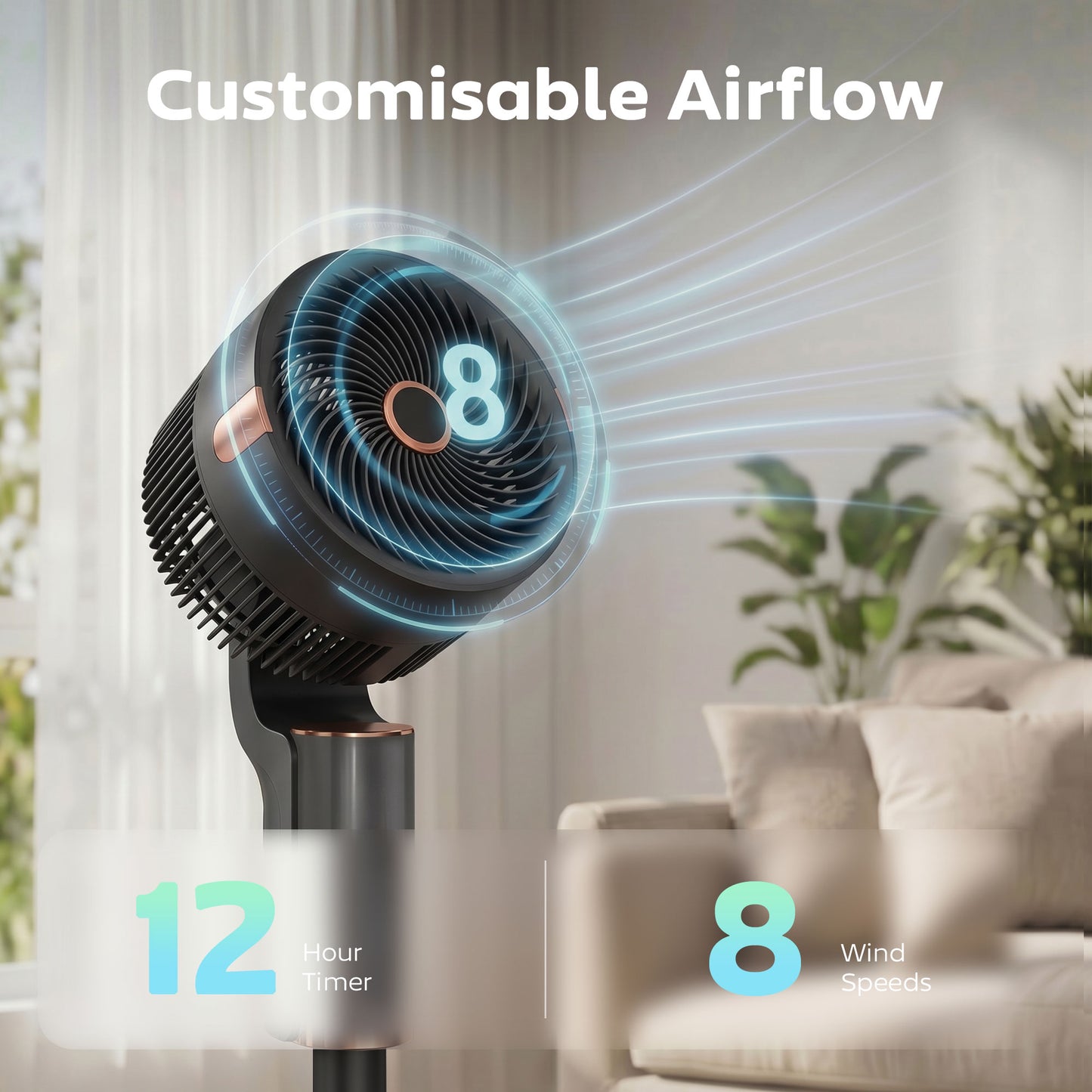 HOMCOM 20 dB Silent Standing Fan For Bedroom 44 Inch Pedestal With 90 Degree Oscillation 8 Speeds Led Light Black