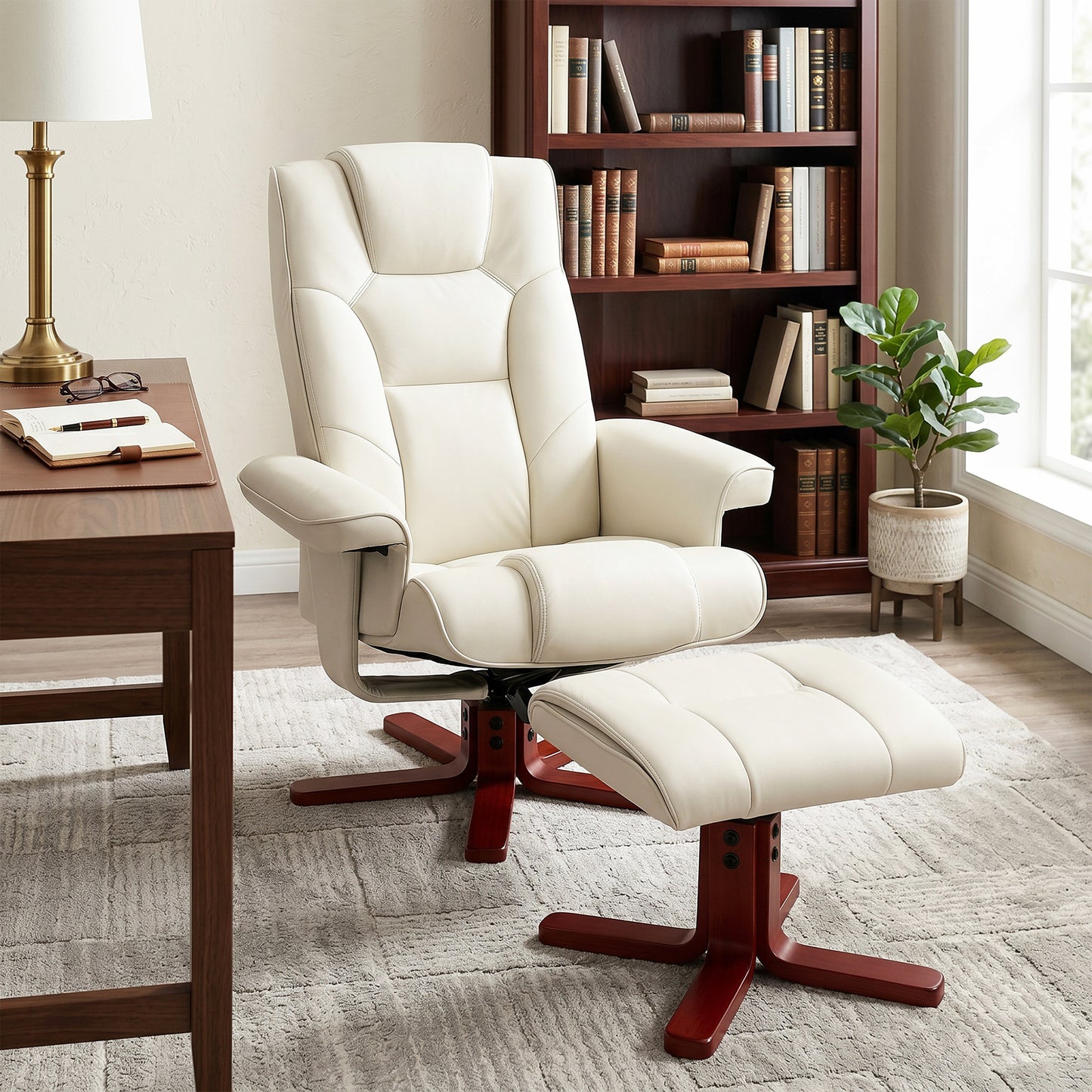 HOMCOM Faux Leather Manual Recliner and Footstool Set in Cream White 135 Degree Backrest