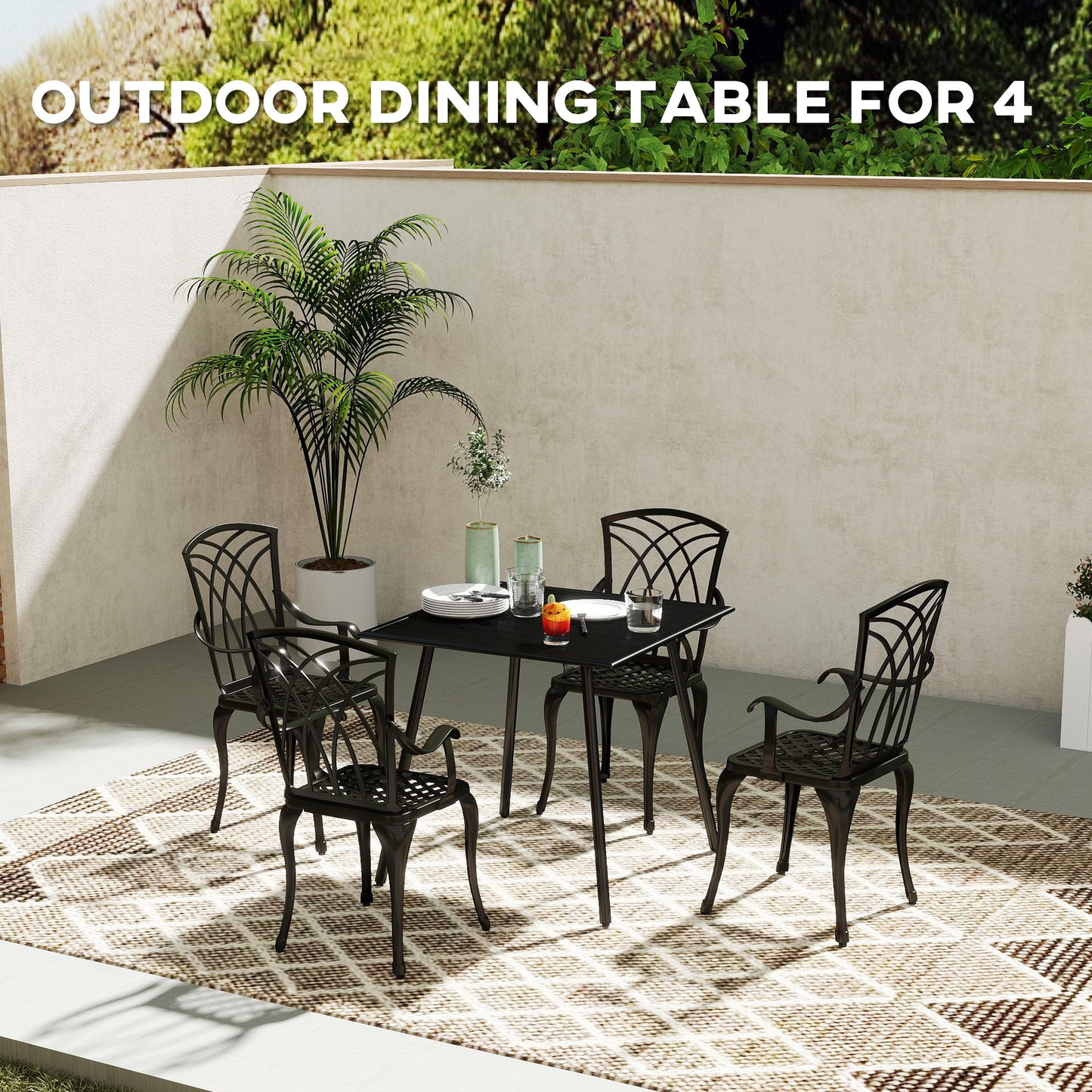 Outsunny Square Garden Table With Slat Top And Steel Frame For 4 People 80x80x74 cm Black