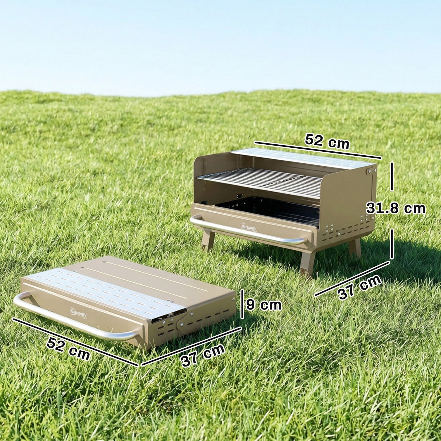 Outsunny Portable Charcoal BBQ Grill With Adjustable Grates Foldable Legs Side Shelf For Camping Travel Khaki