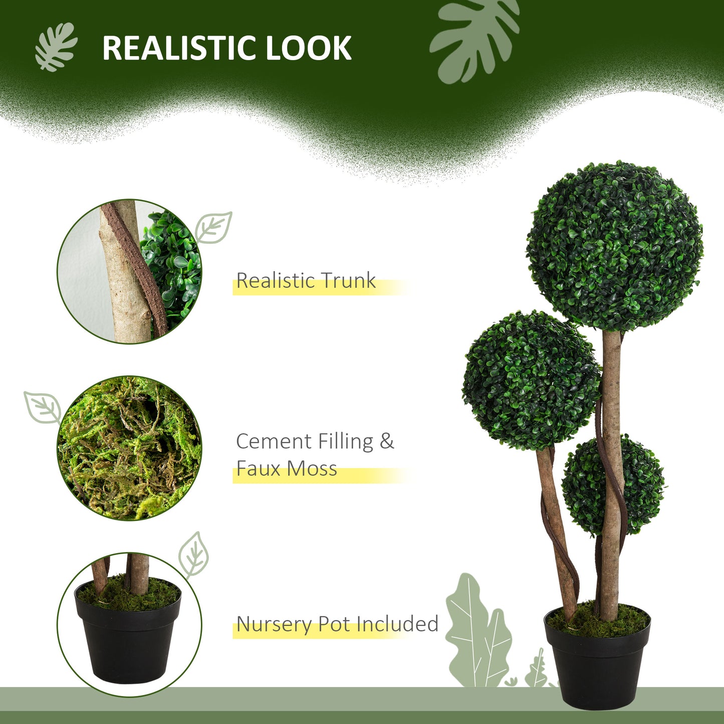 HOMCOM Boxwood Ball Topiary Tree in Pot Decorative Artificial Plant for Indoor Outdoor Decor 90 Cm Dark Green