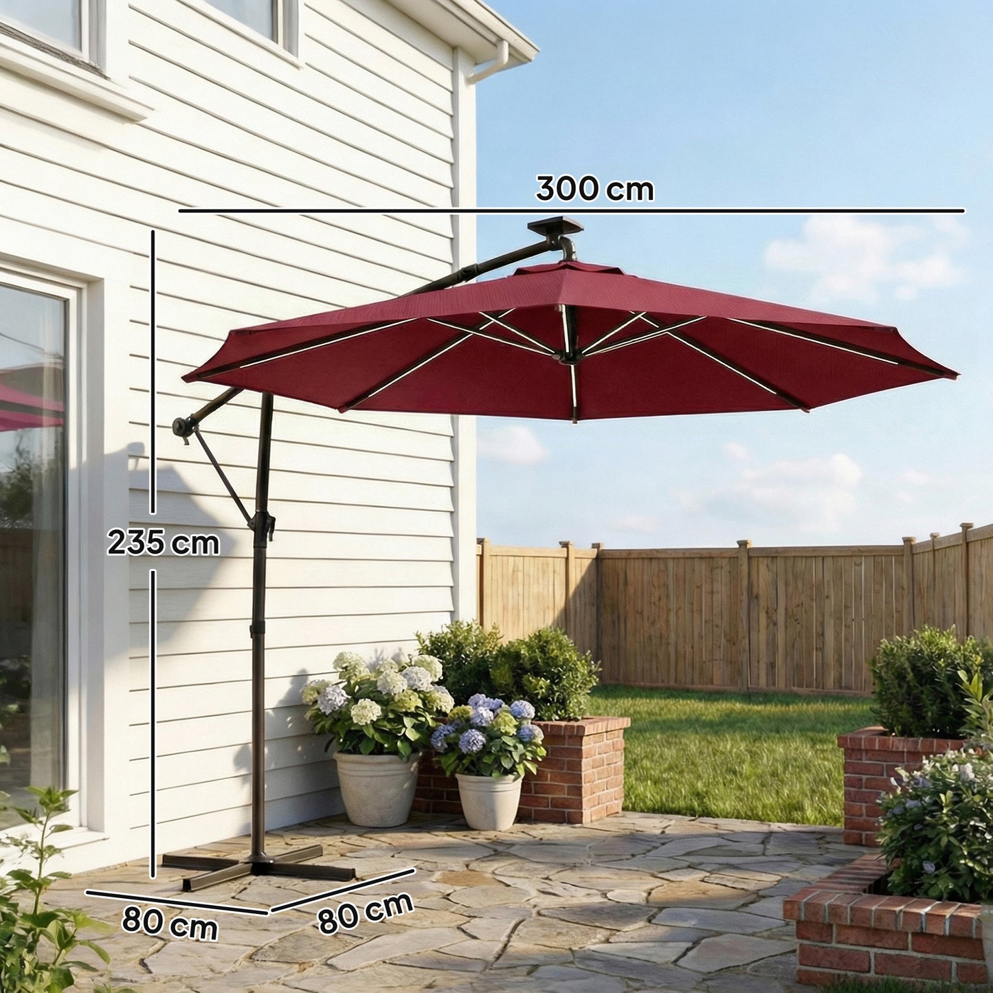 Outsunny 3 Meter Cantilever Garden Parasol With LED Solar Light And Cover Umbrella 360 Degree Rotation Wine Red