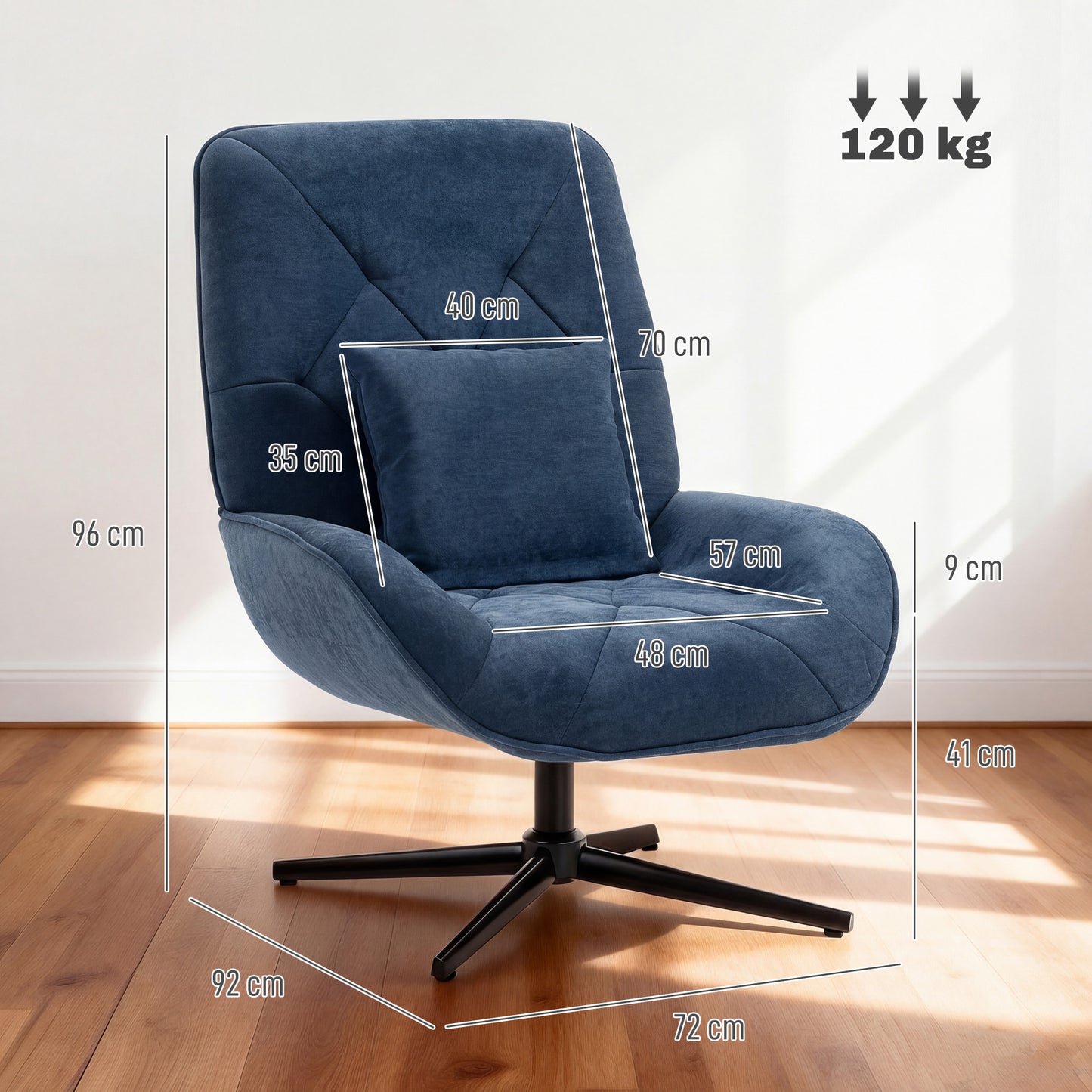 HOMCOM Accent Chair Chenille Upholstered Swivel Armchair with Lumbar Pillow High Back Deep Seat and Metal Legs Dark Blue